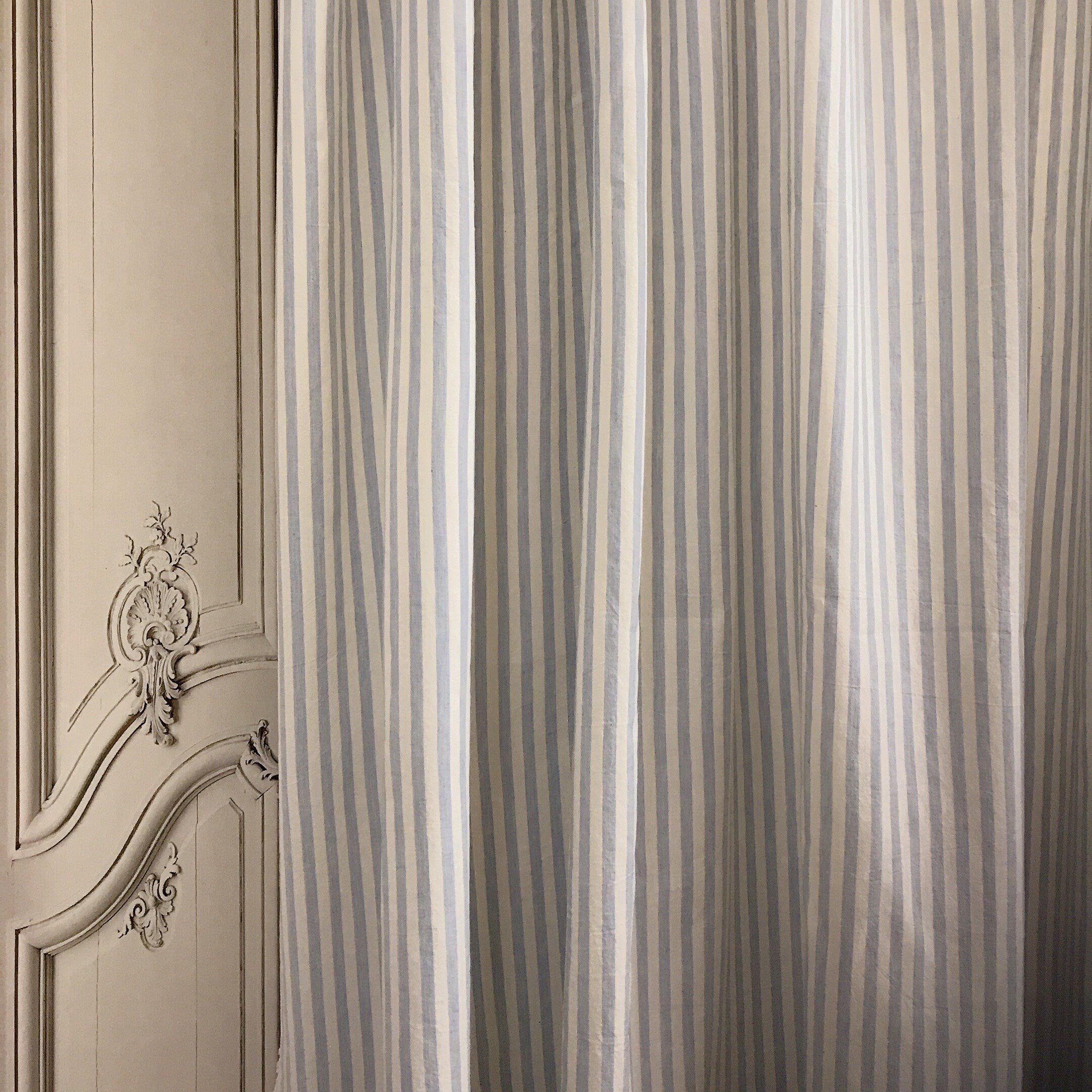 Light Blue Stripe Curtain on Ivory
