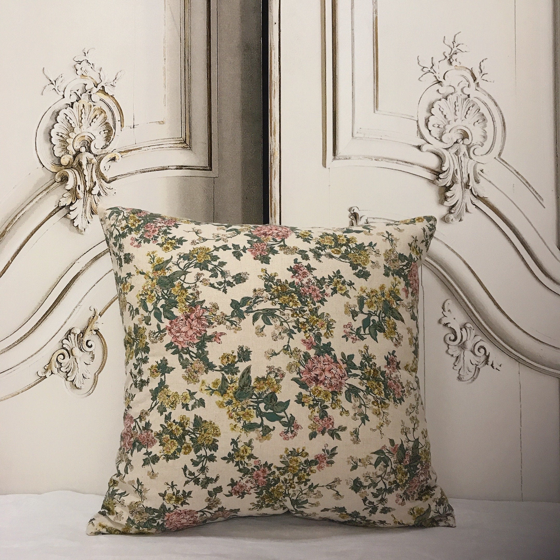 Pink and Yellow Floral Cushion Cover on Natural Beige