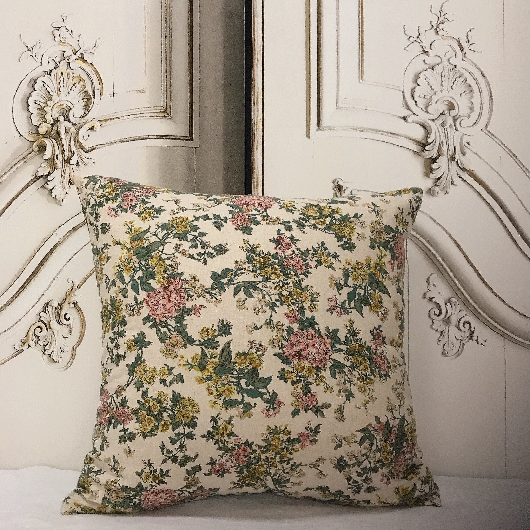 Pink and Yellow Floral Cushion Cover on Natural Beige