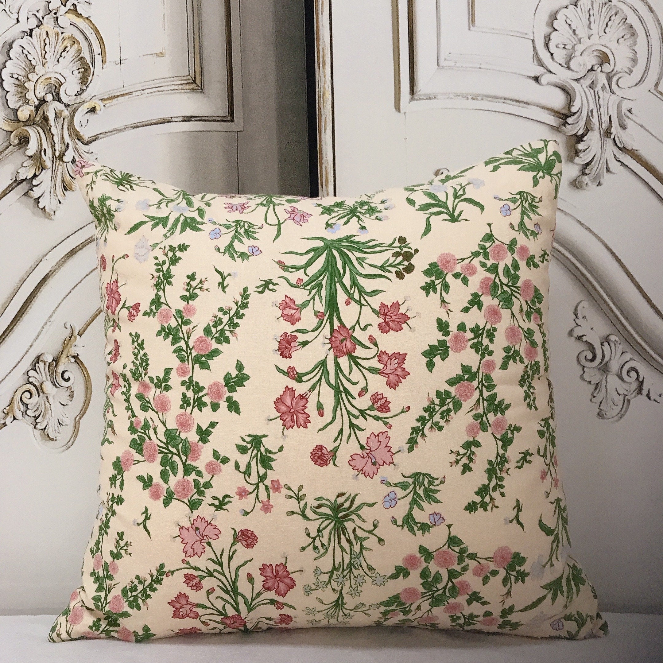 Pink Pale Mint Floral Cushion Cover on Buttercup Beige