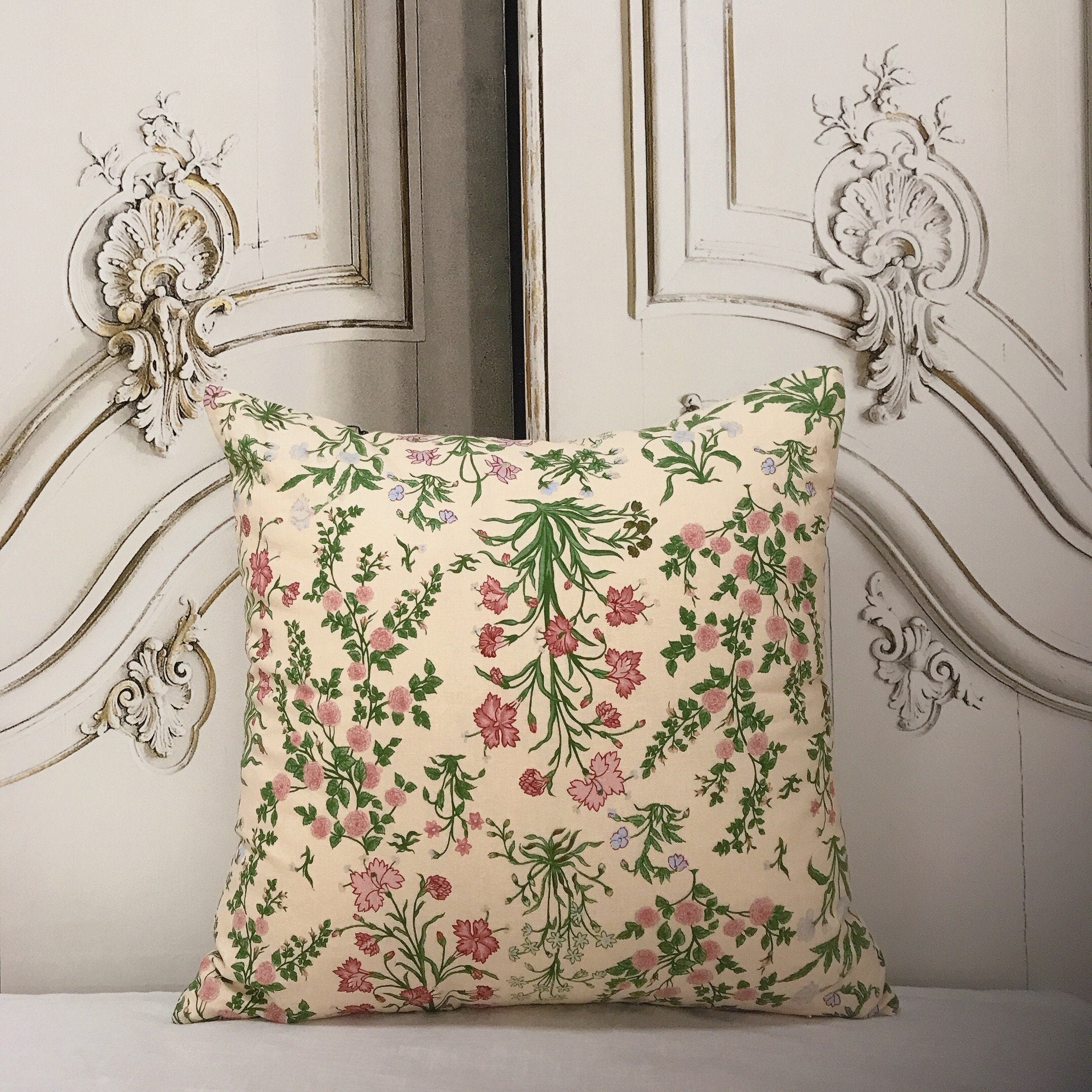 Pink Pale Mint Floral Cushion Cover on Buttercup Beige