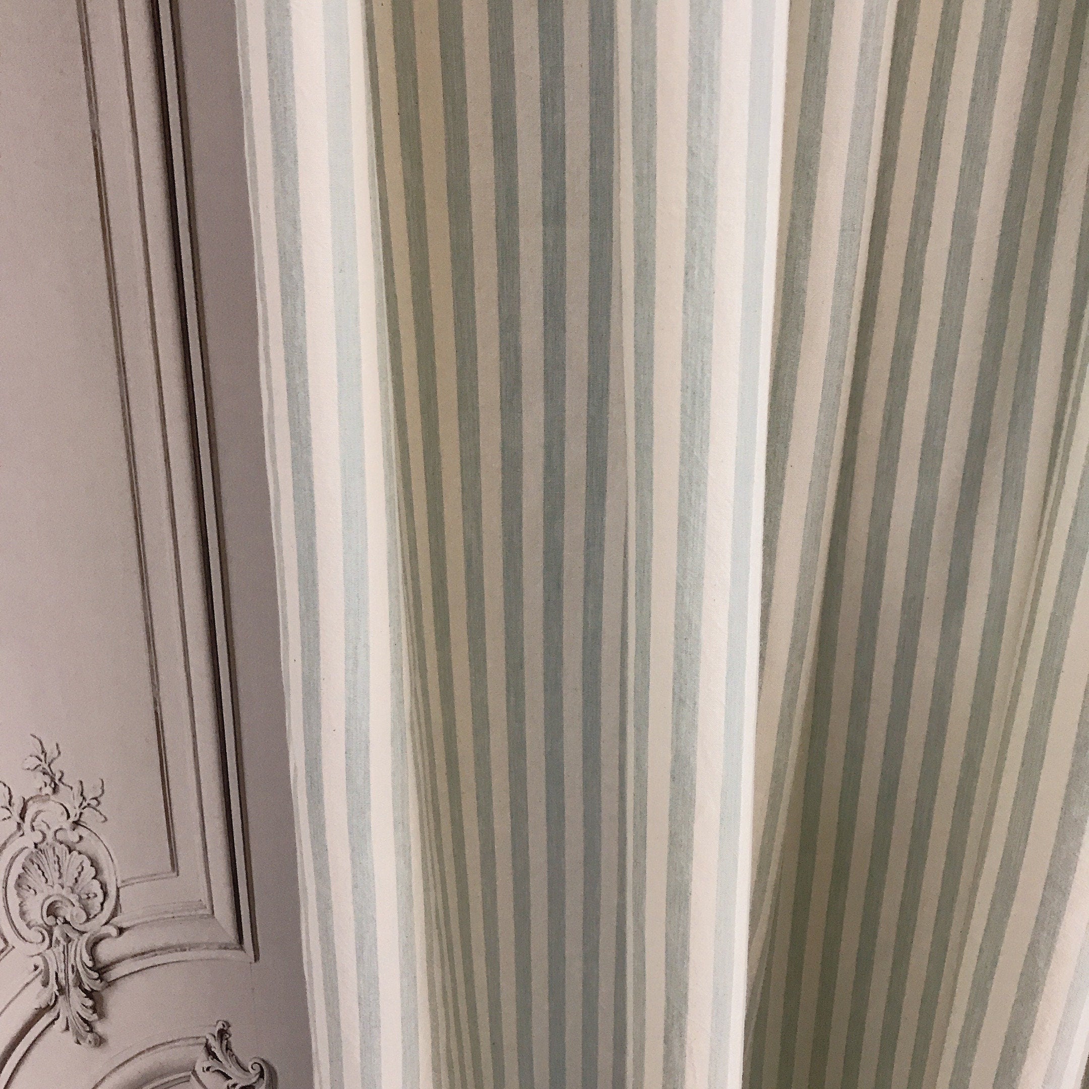 Faded Sage and Mint Stripe Curtain on Ivory
