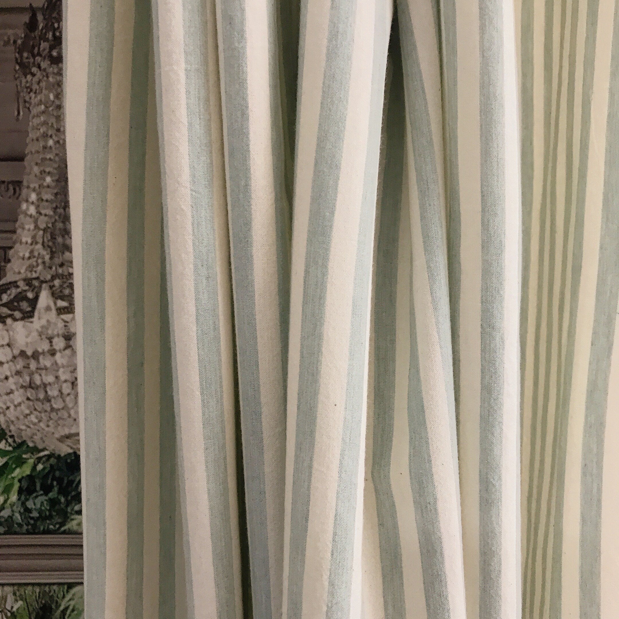 Faded Sage and Mint Stripe Curtain on Ivory