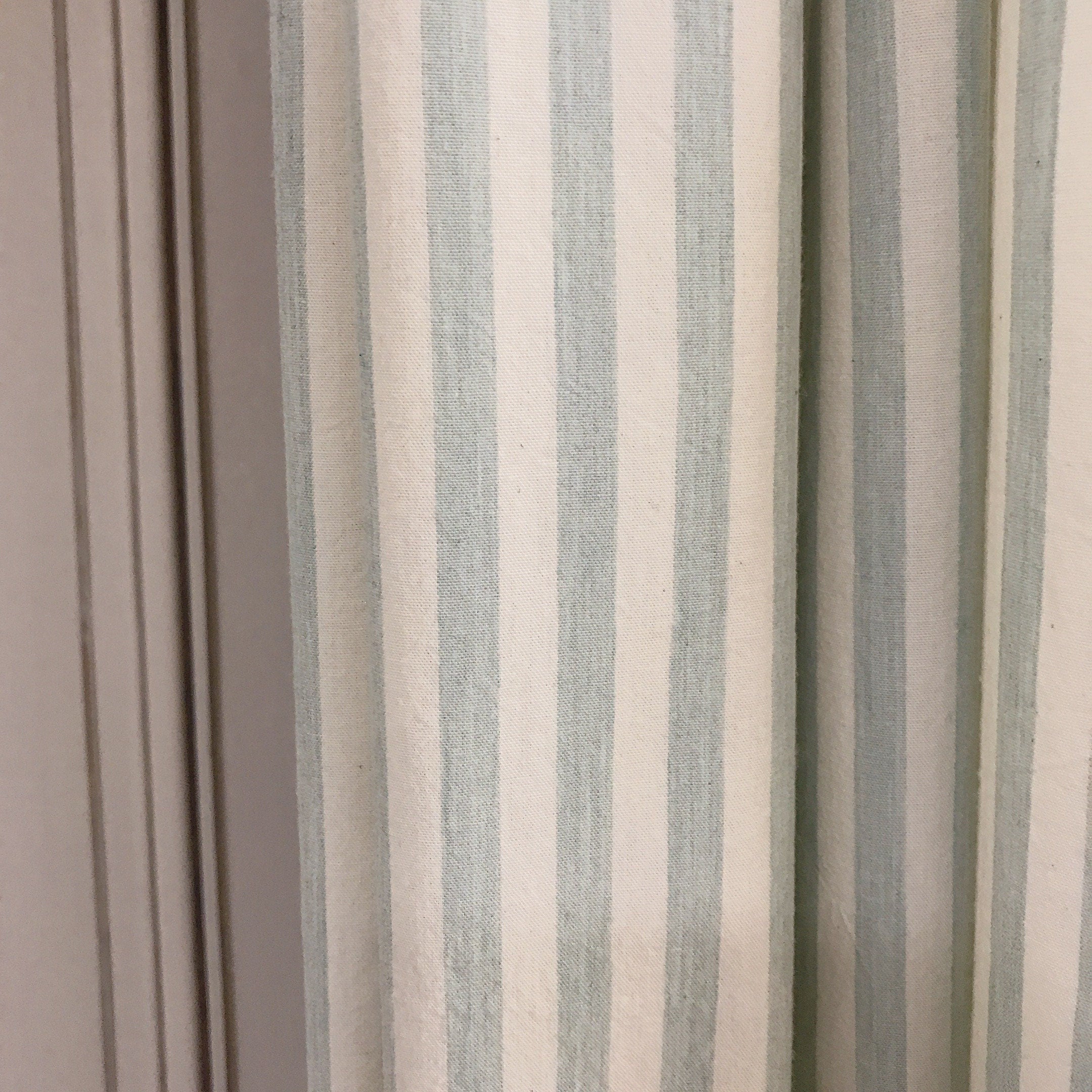 Faded Sage and Mint Stripe Curtain on Ivory