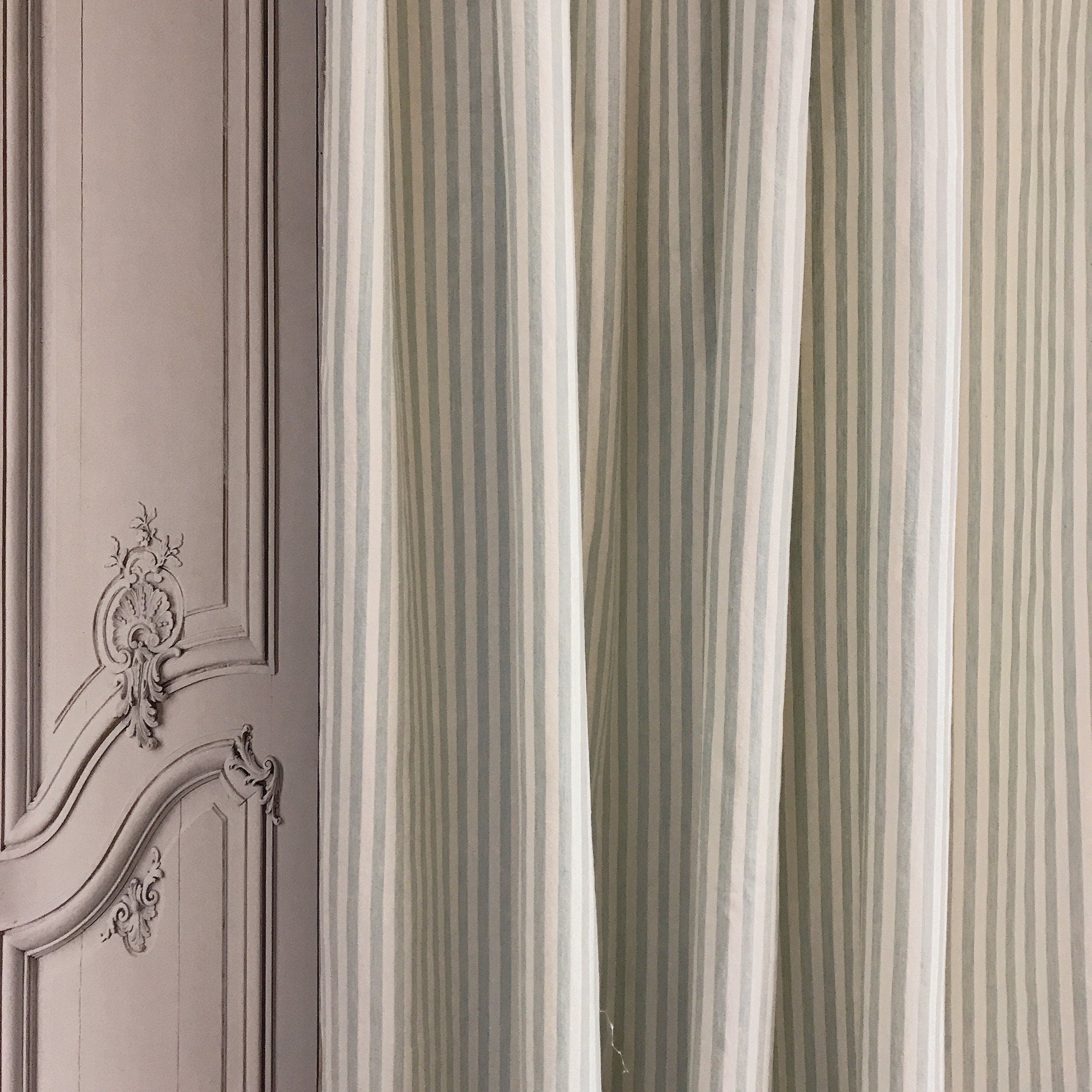 Faded Sage and Mint Stripe Curtain on Ivory