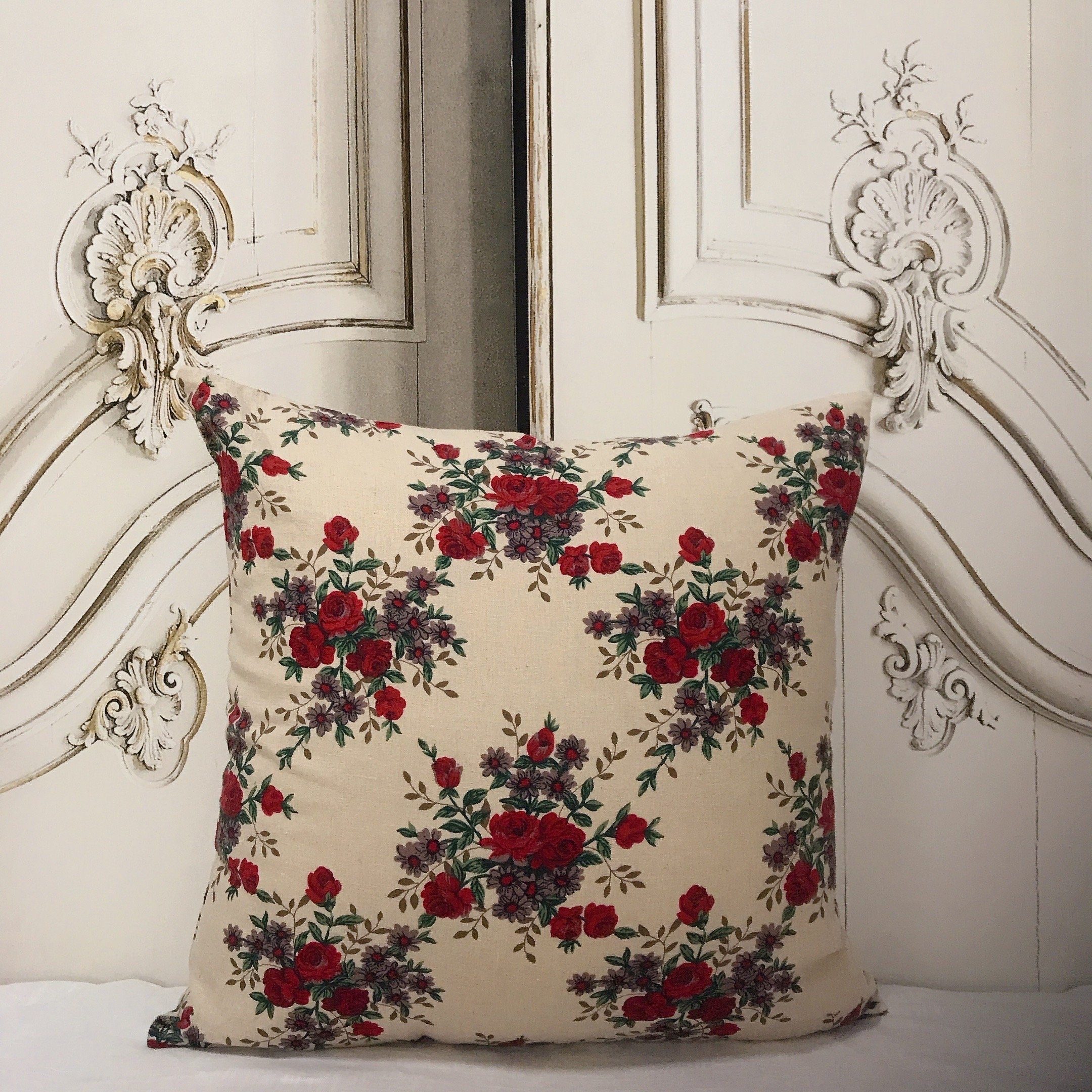 Dark Red Floral Cushion Cover on Natural Beige