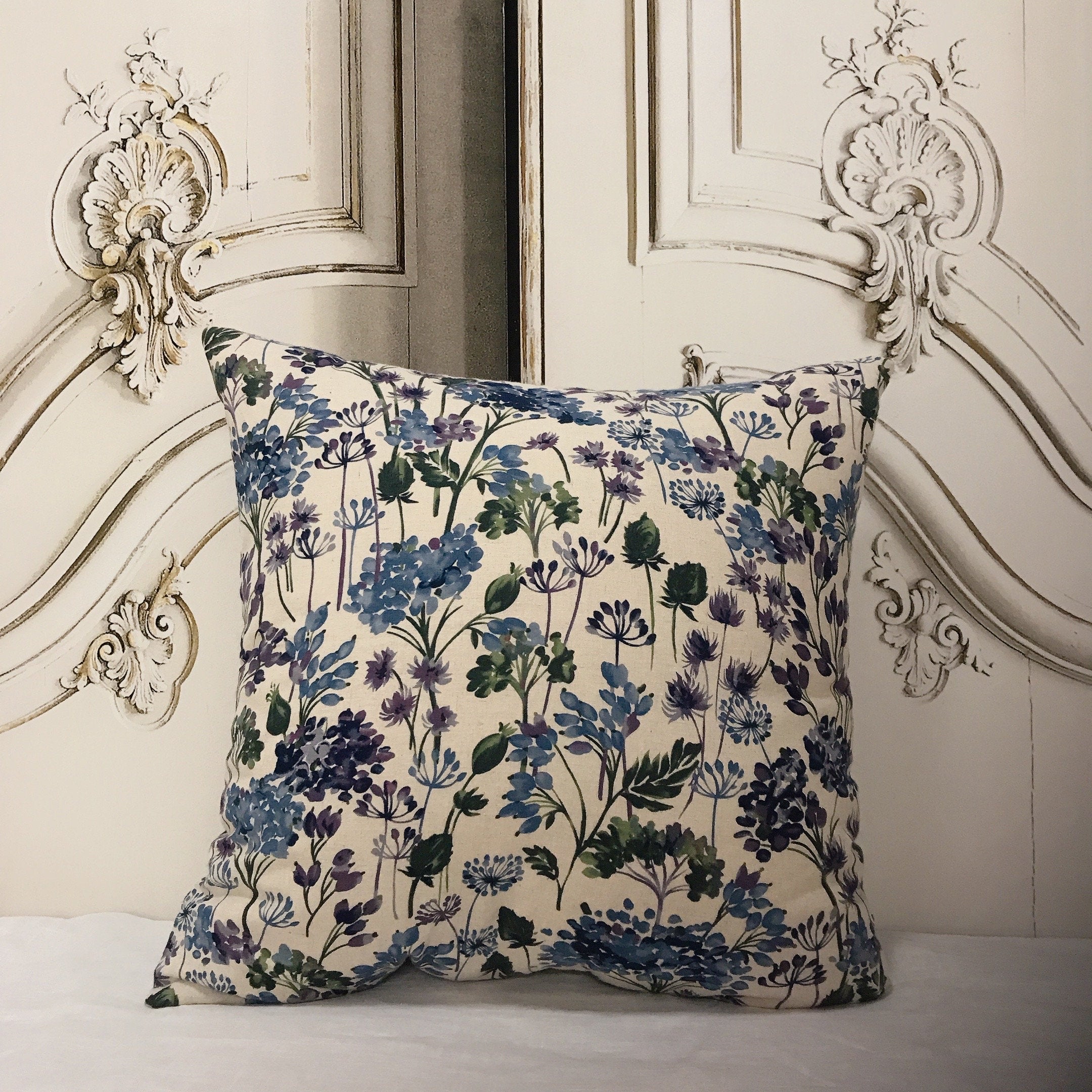 Purple and Blue Floral Cushion Cover on Natural Beige