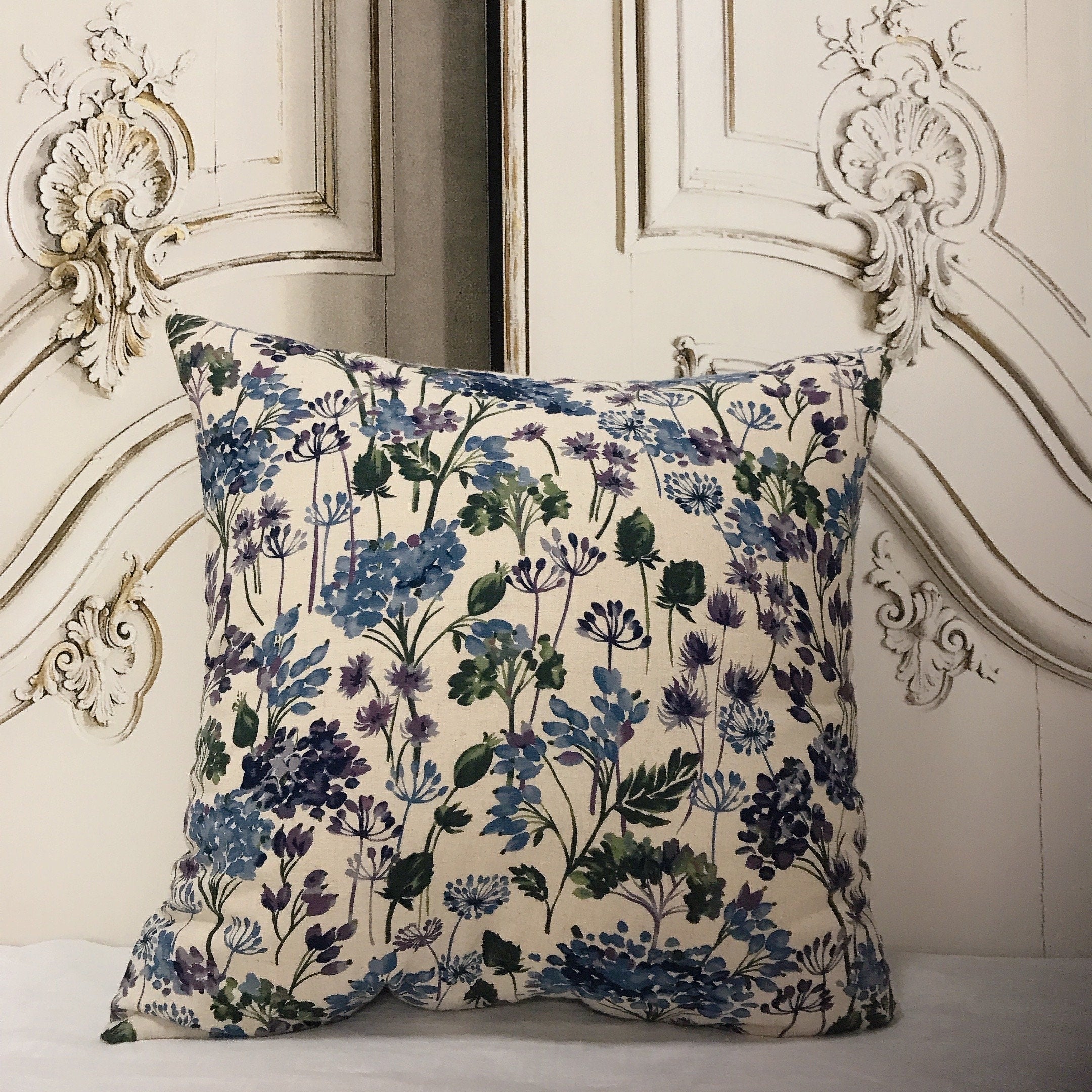Purple and Blue Floral Cushion Cover on Natural Beige