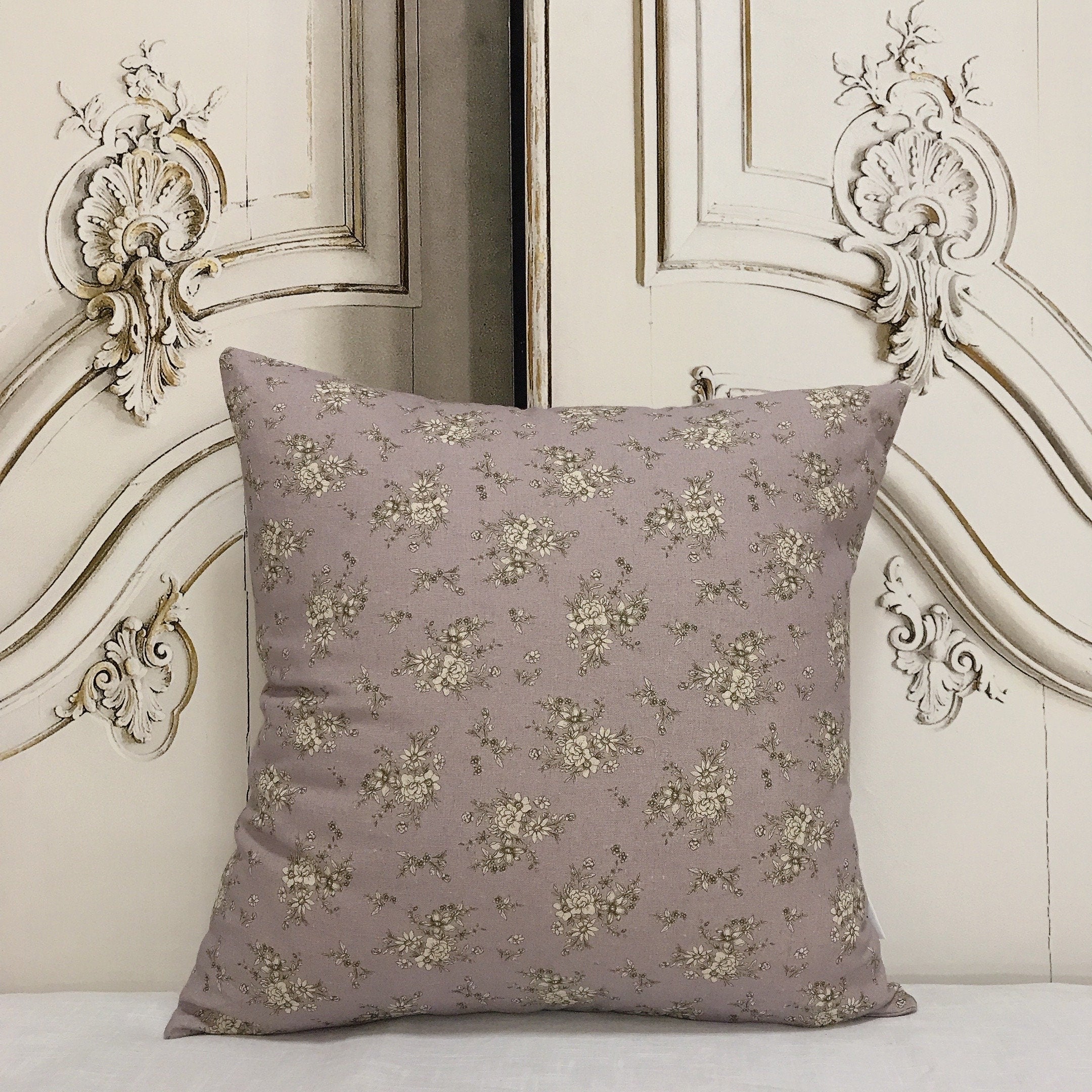 Natural Beige Floral Cushion Cover on Faded Purple