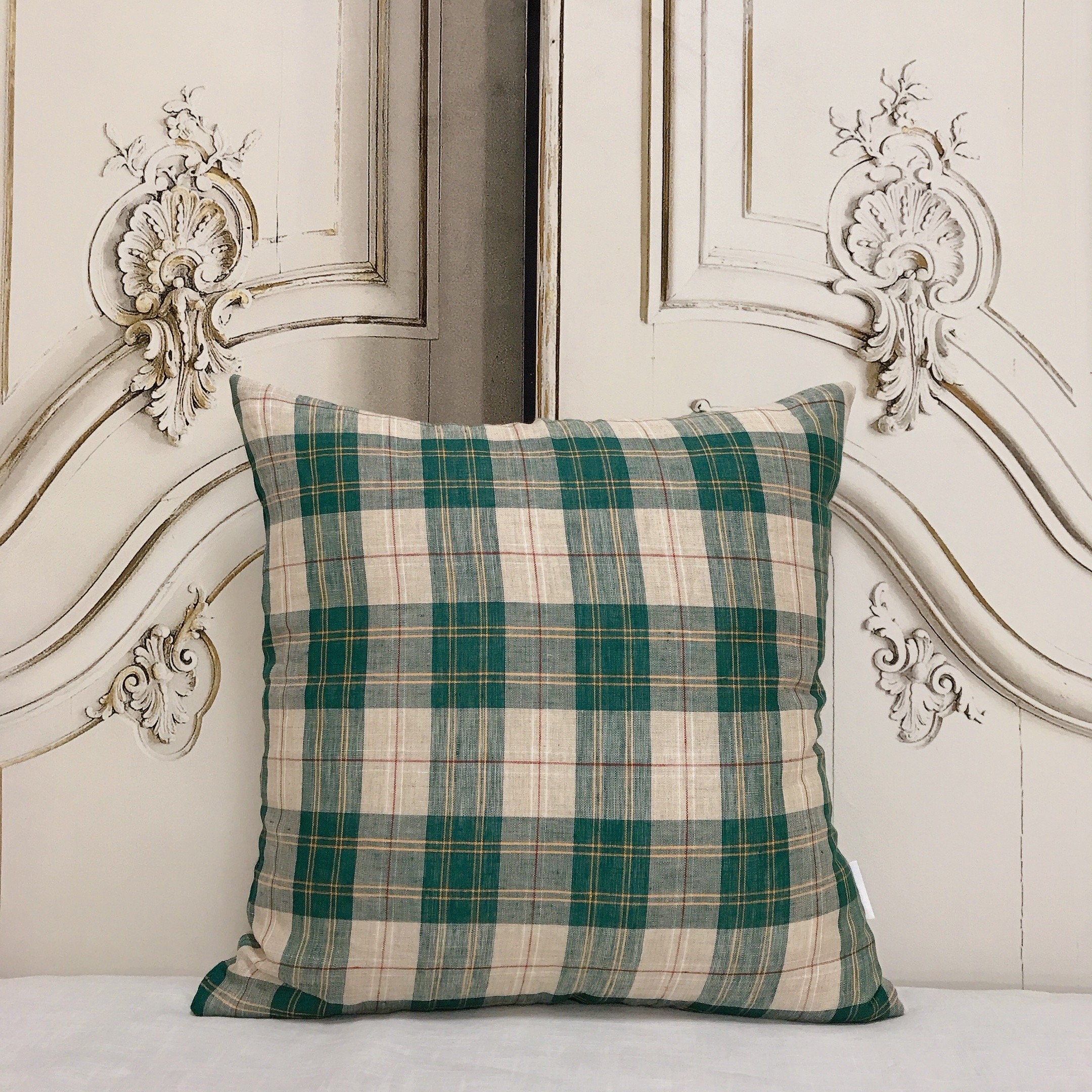 Teal Green Red Plaid Cushion Cover on Natural Beige