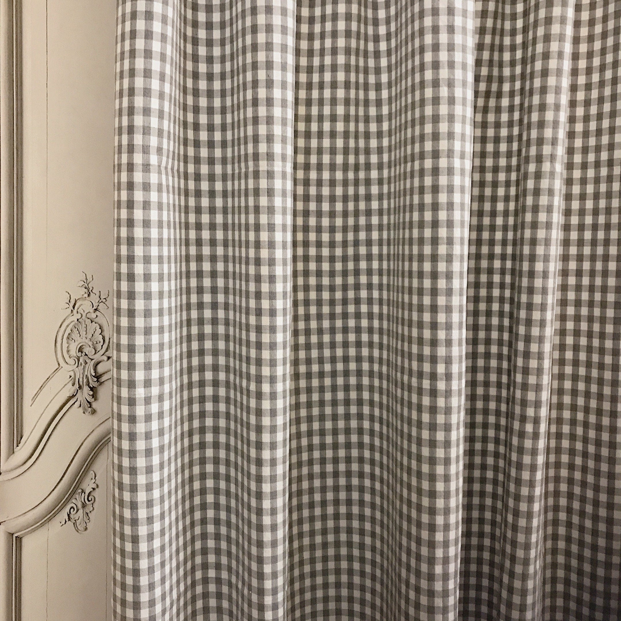 Faded Grey and Ivory Mini Gingham Curtain