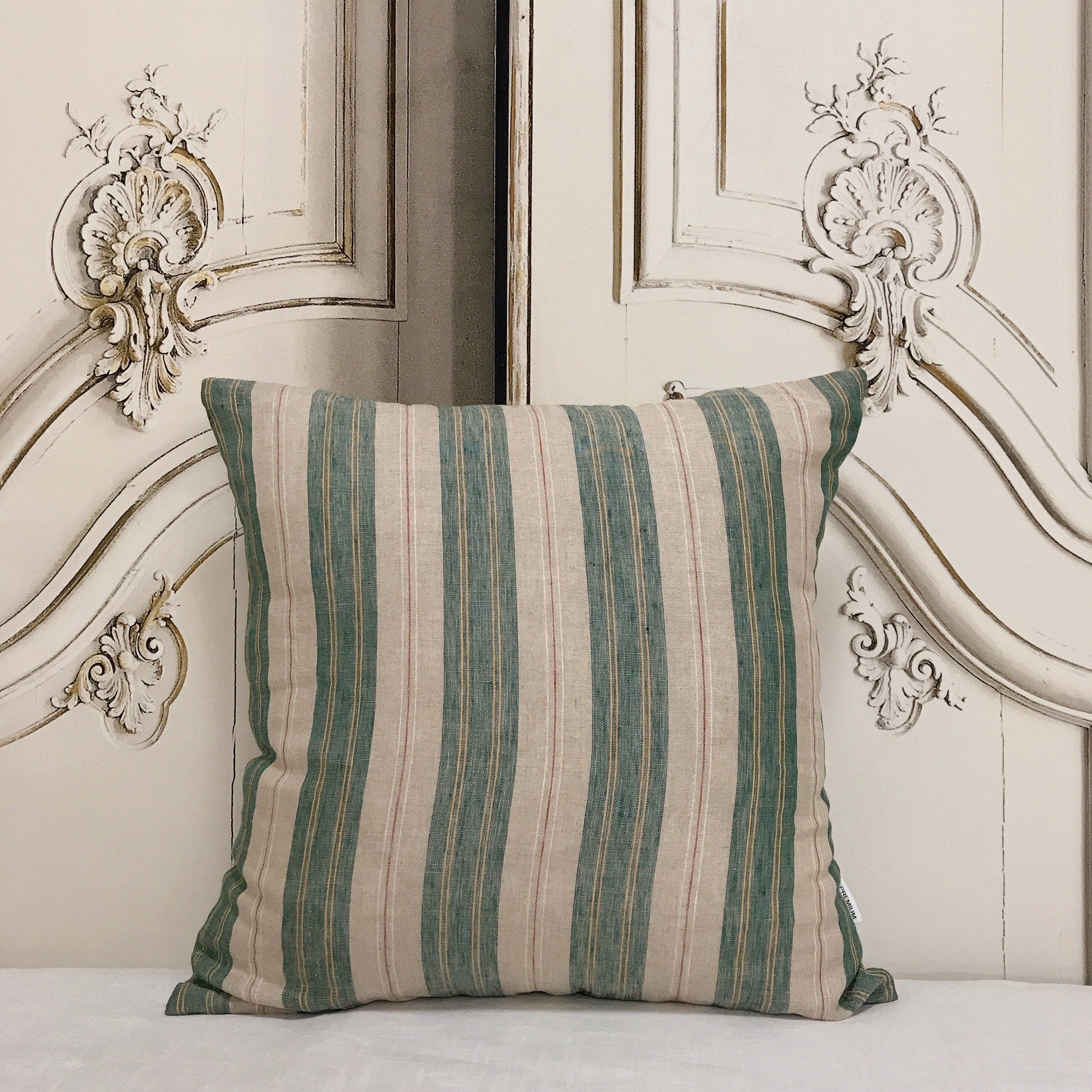 Teal Green Red Vertical Stripes Linen Cushion Cover on Natural Beige