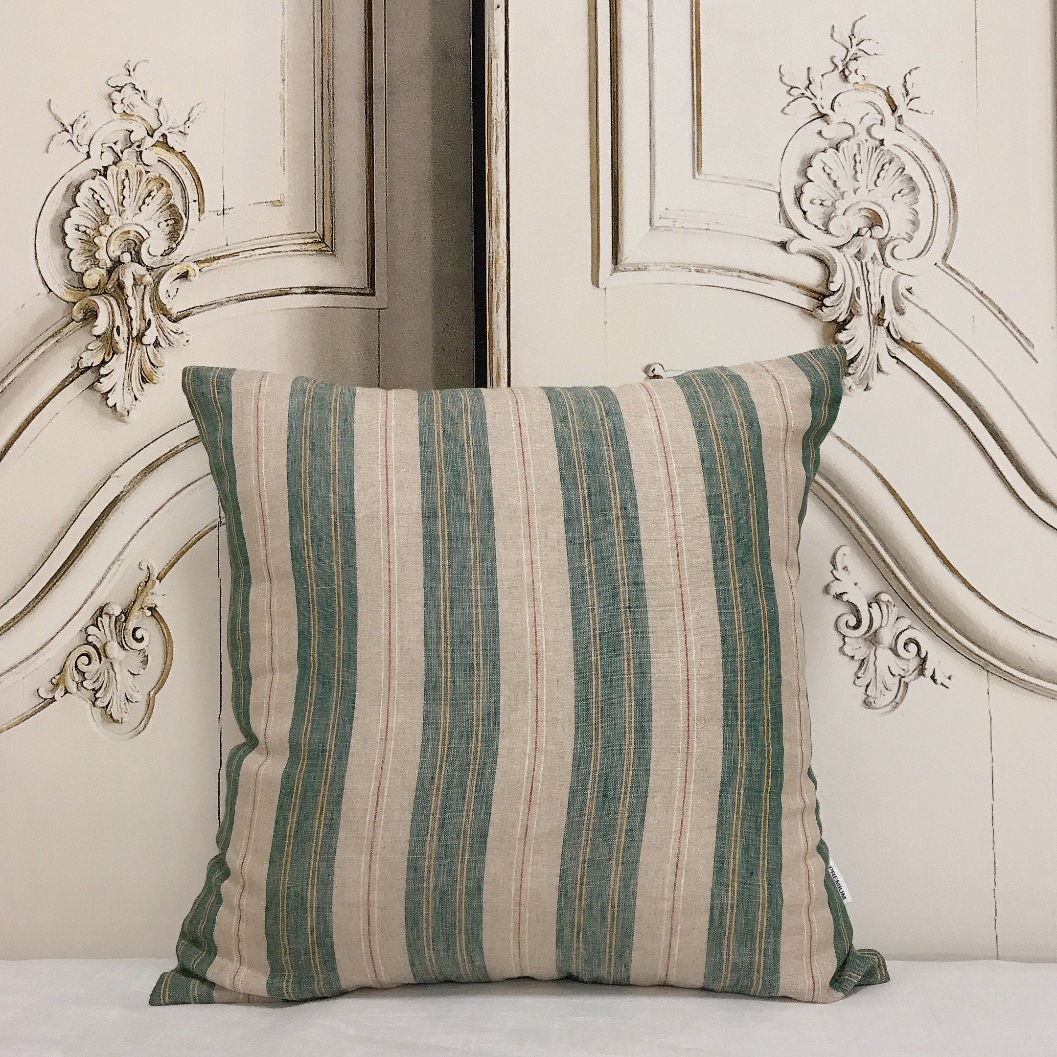 Teal Green Red Vertical Stripes Linen Cushion Cover on Natural Beige