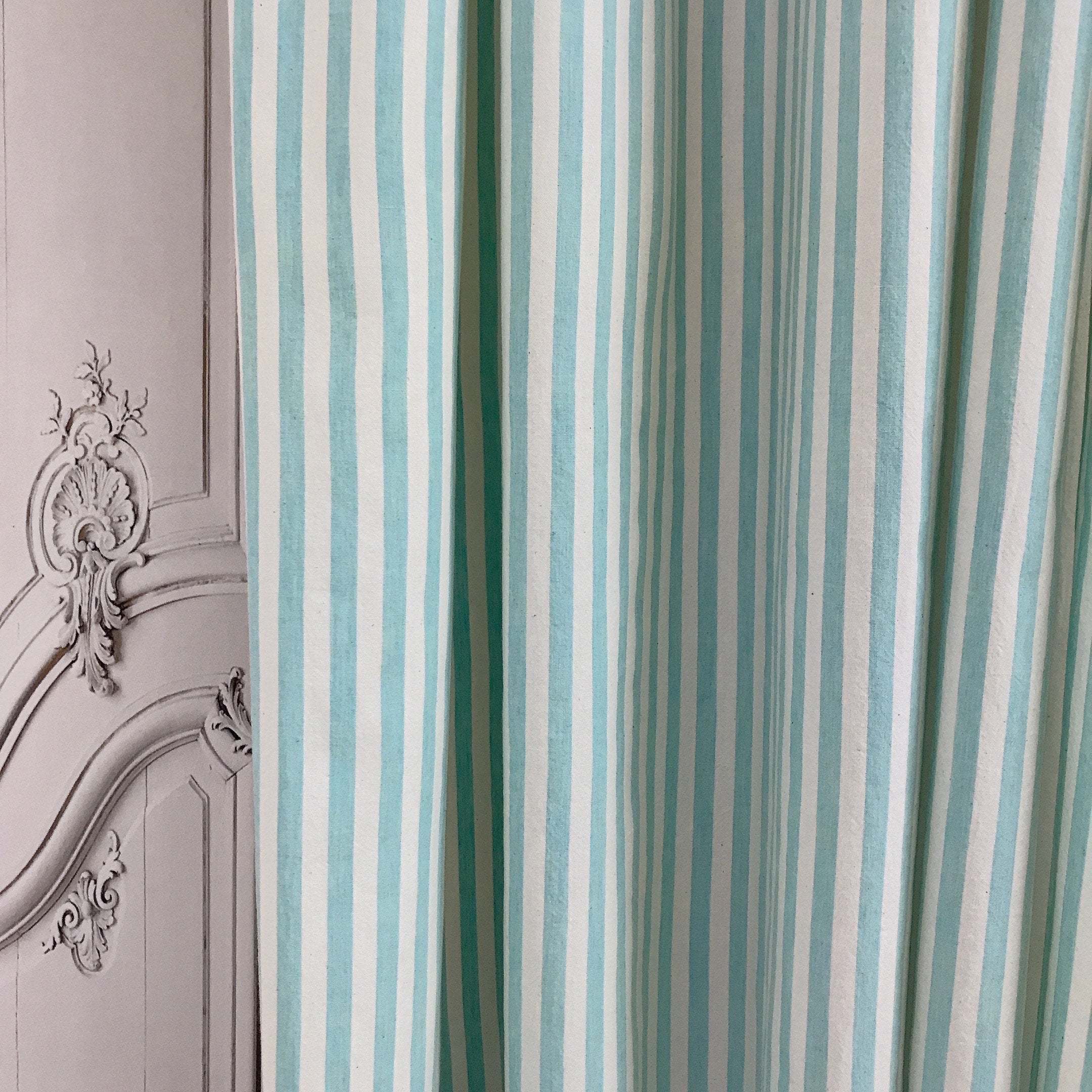 Faded Light Turquoise Stripe Curtain on Ivory