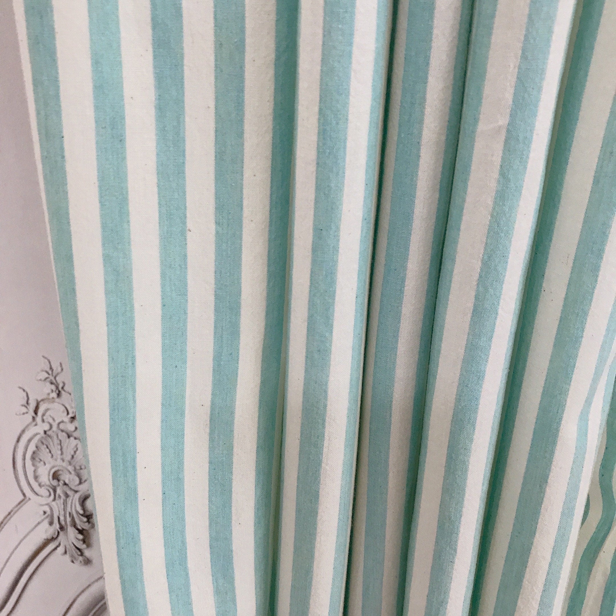 Faded Light Turquoise Stripe Curtain on Ivory