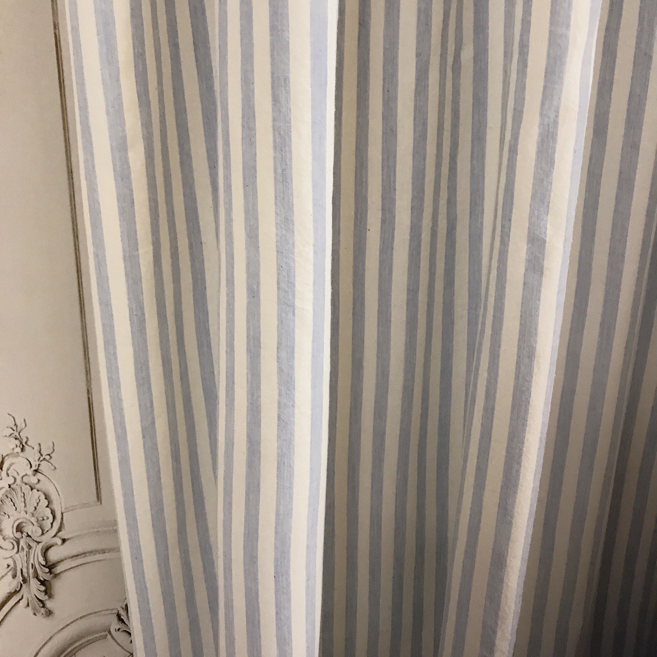 Light Blue Stripe Curtain on Ivory