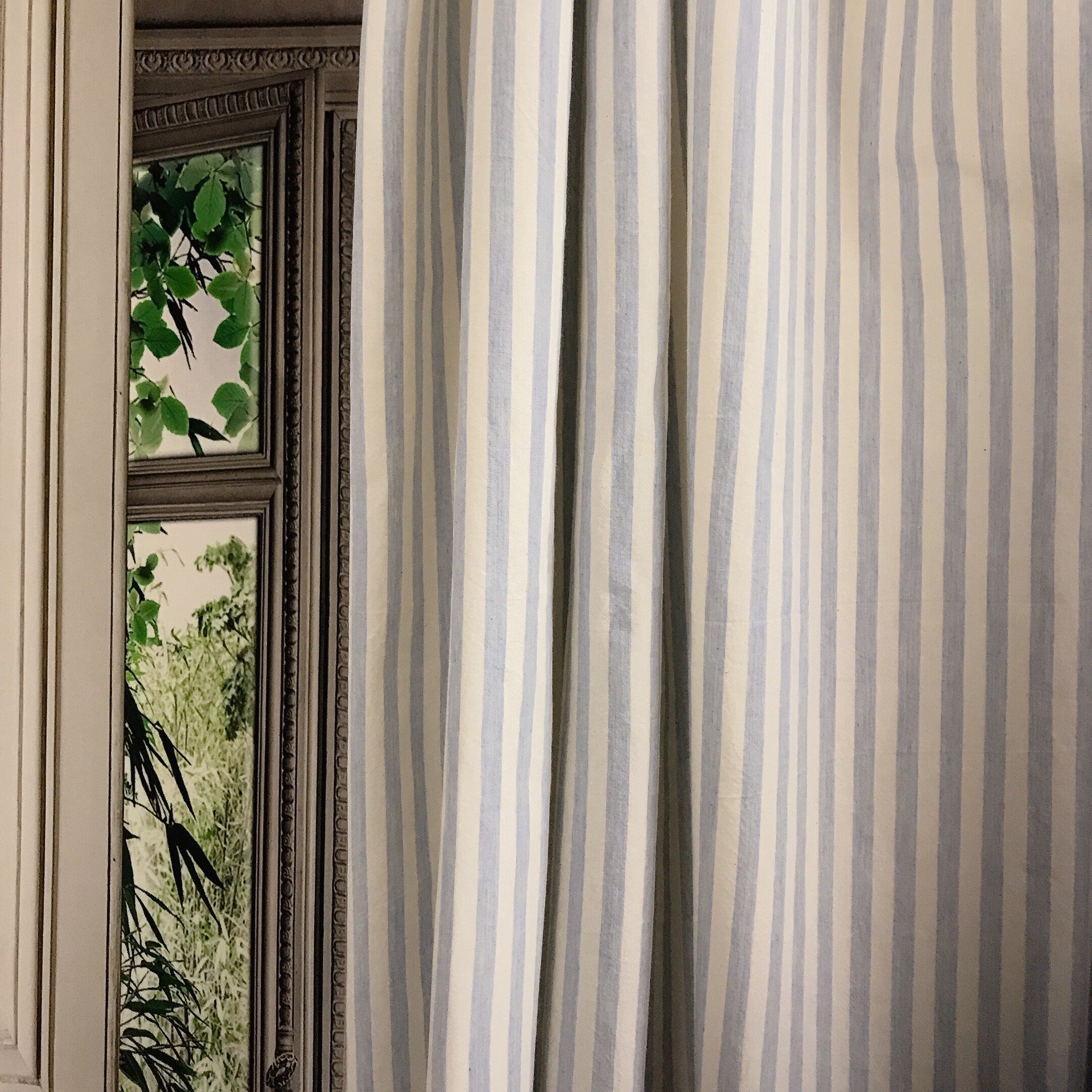 Light Blue Stripe Curtain on Ivory