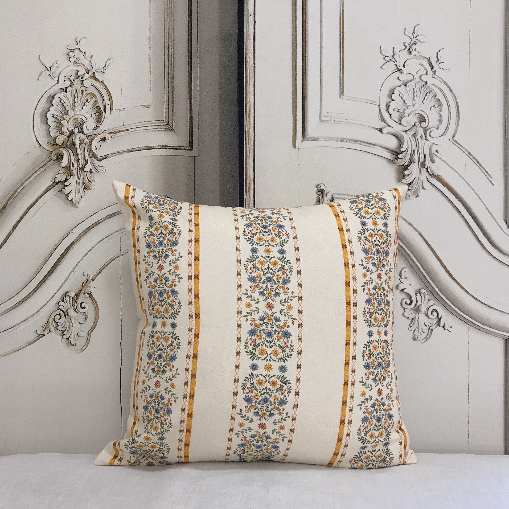 Vintage Bouquet Stripe Cushion Cover on Natural Beige