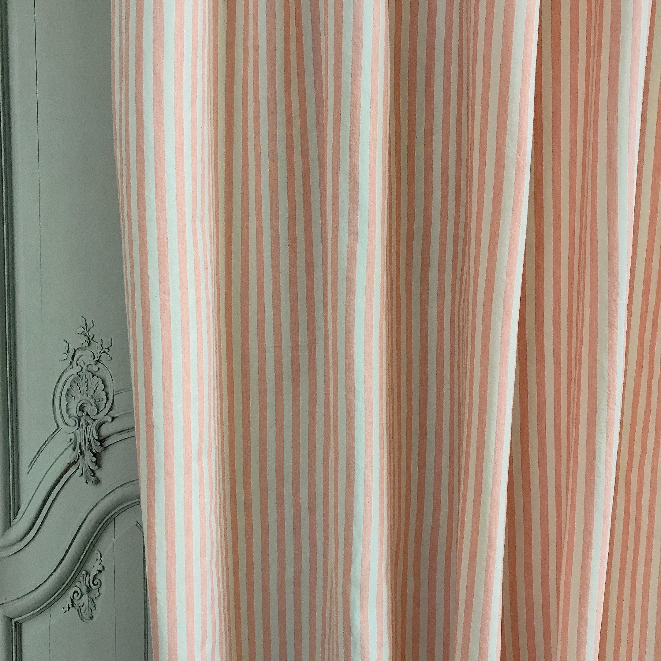 Faded Light Coral Pink Stripe Curtain on Ivory