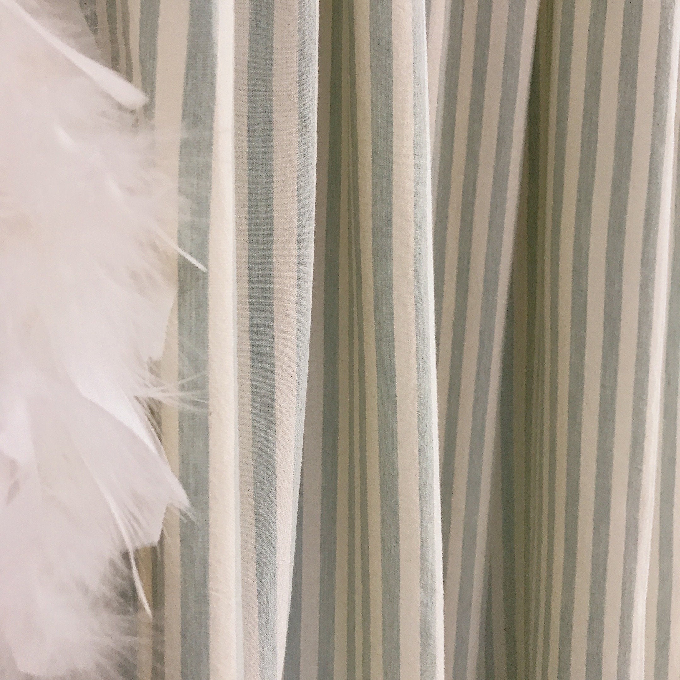 Faded Sage and Mint Stripe Curtain on Ivory