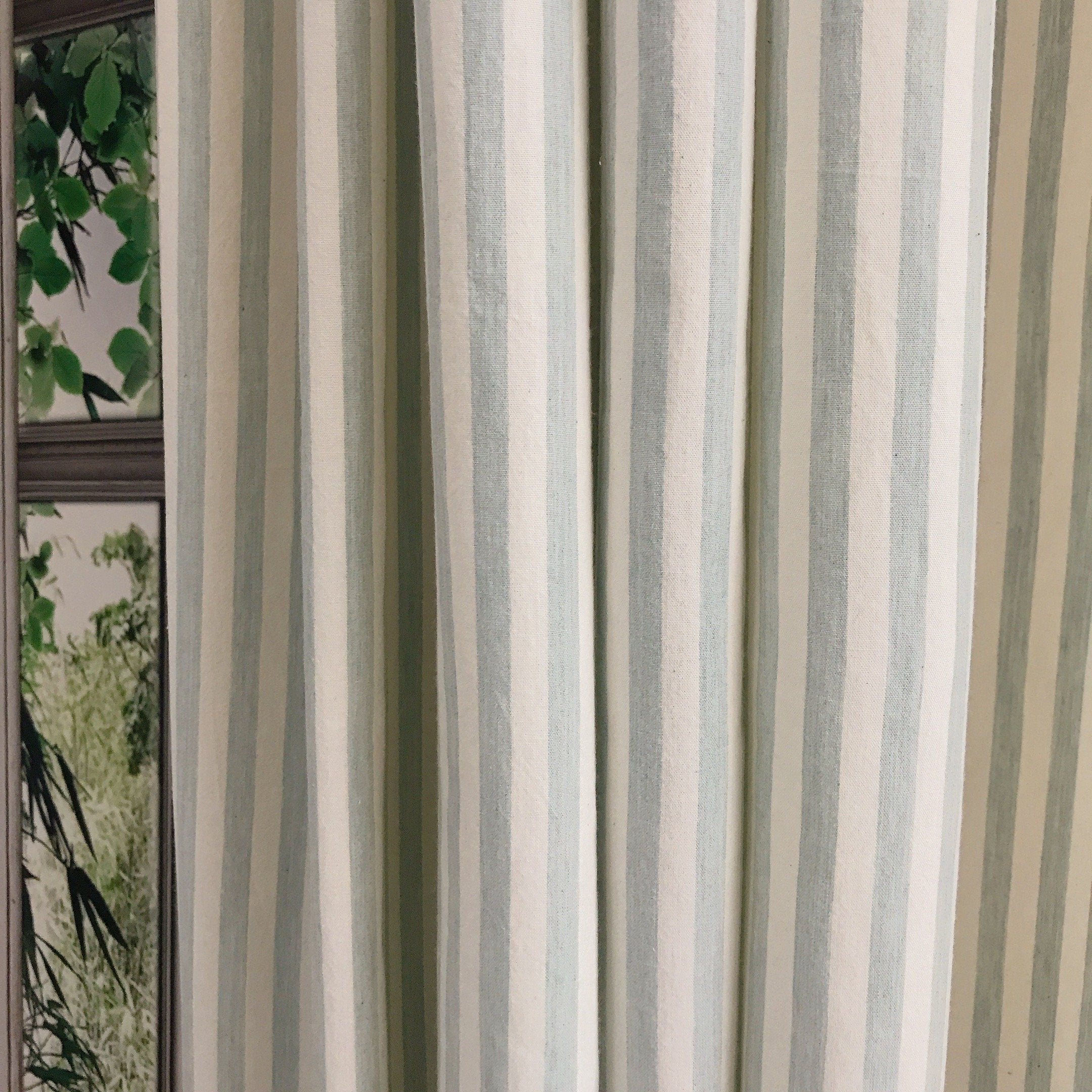 Faded Sage and Mint Stripe Curtain on Ivory