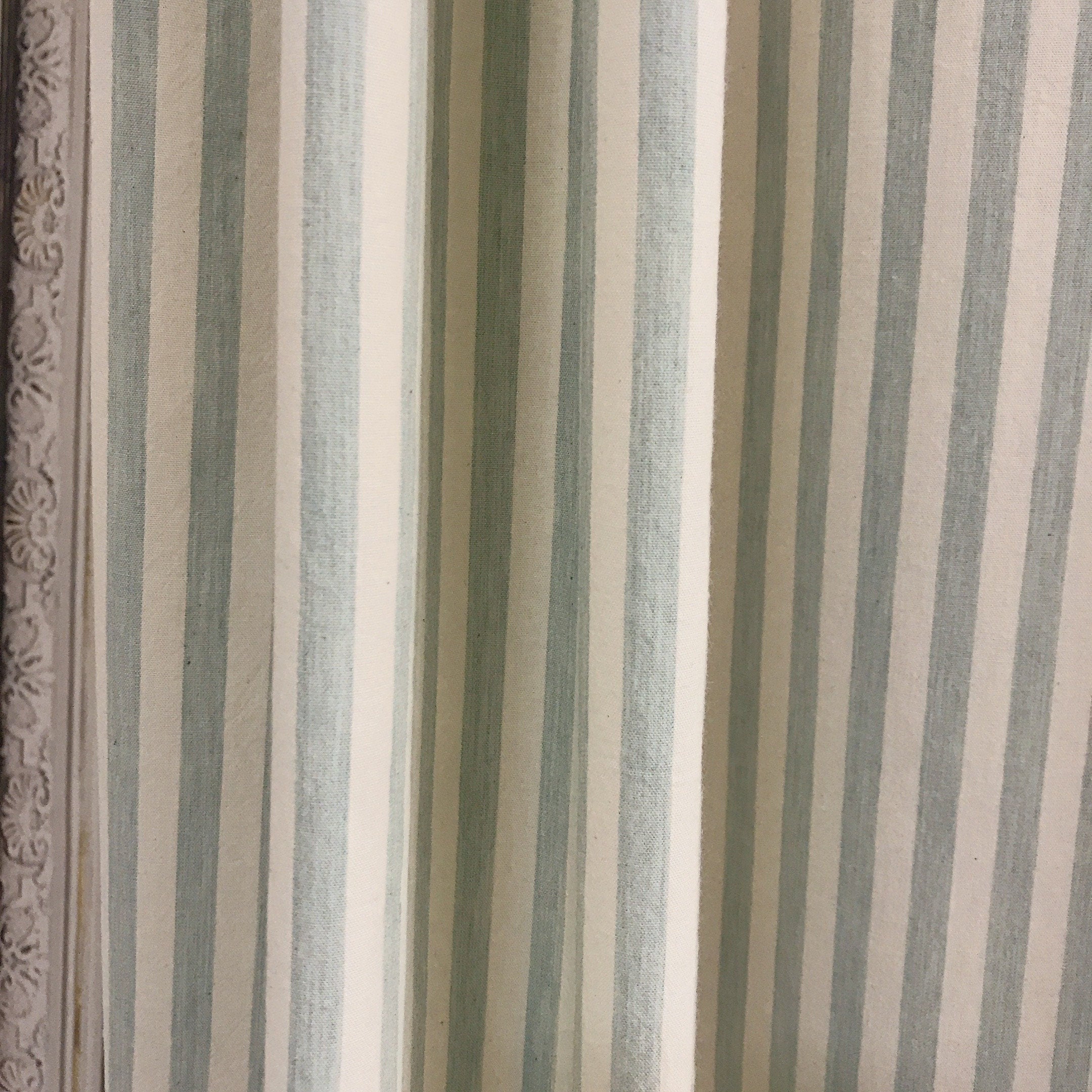 Faded Sage and Mint Stripe Curtain on Ivory