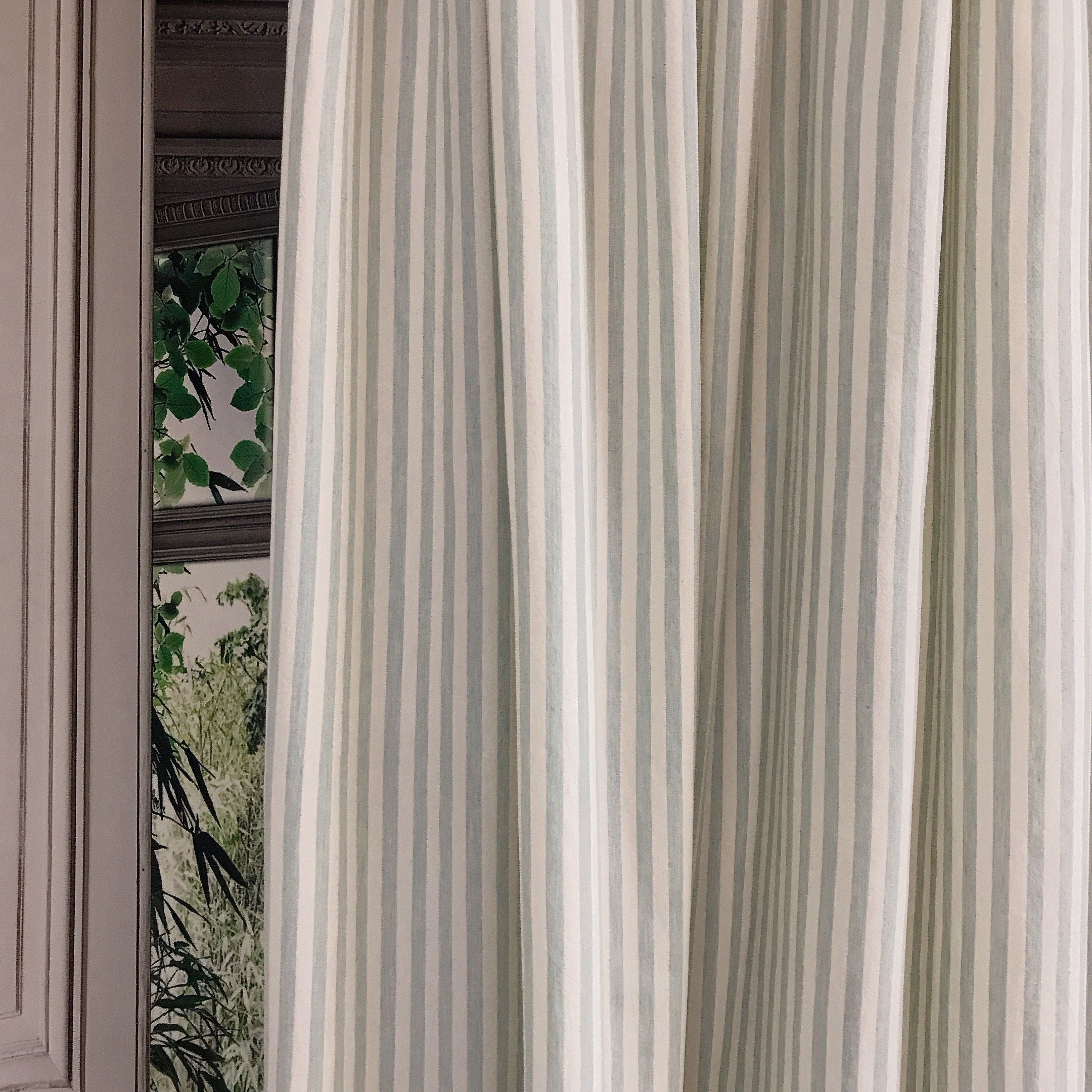 Faded Sage and Mint Stripe Curtain on Ivory