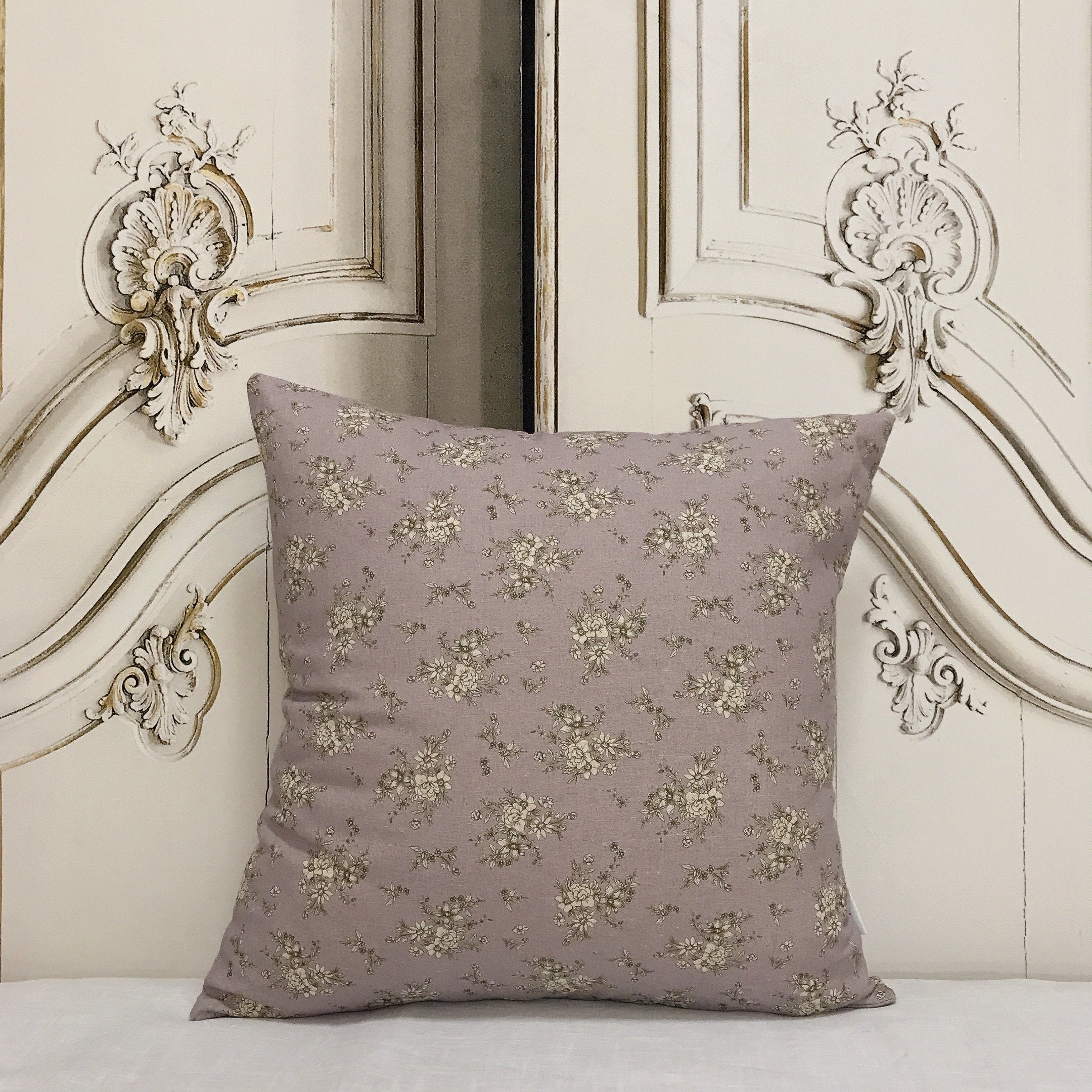 Natural Beige Floral Cushion Cover on Faded Purple