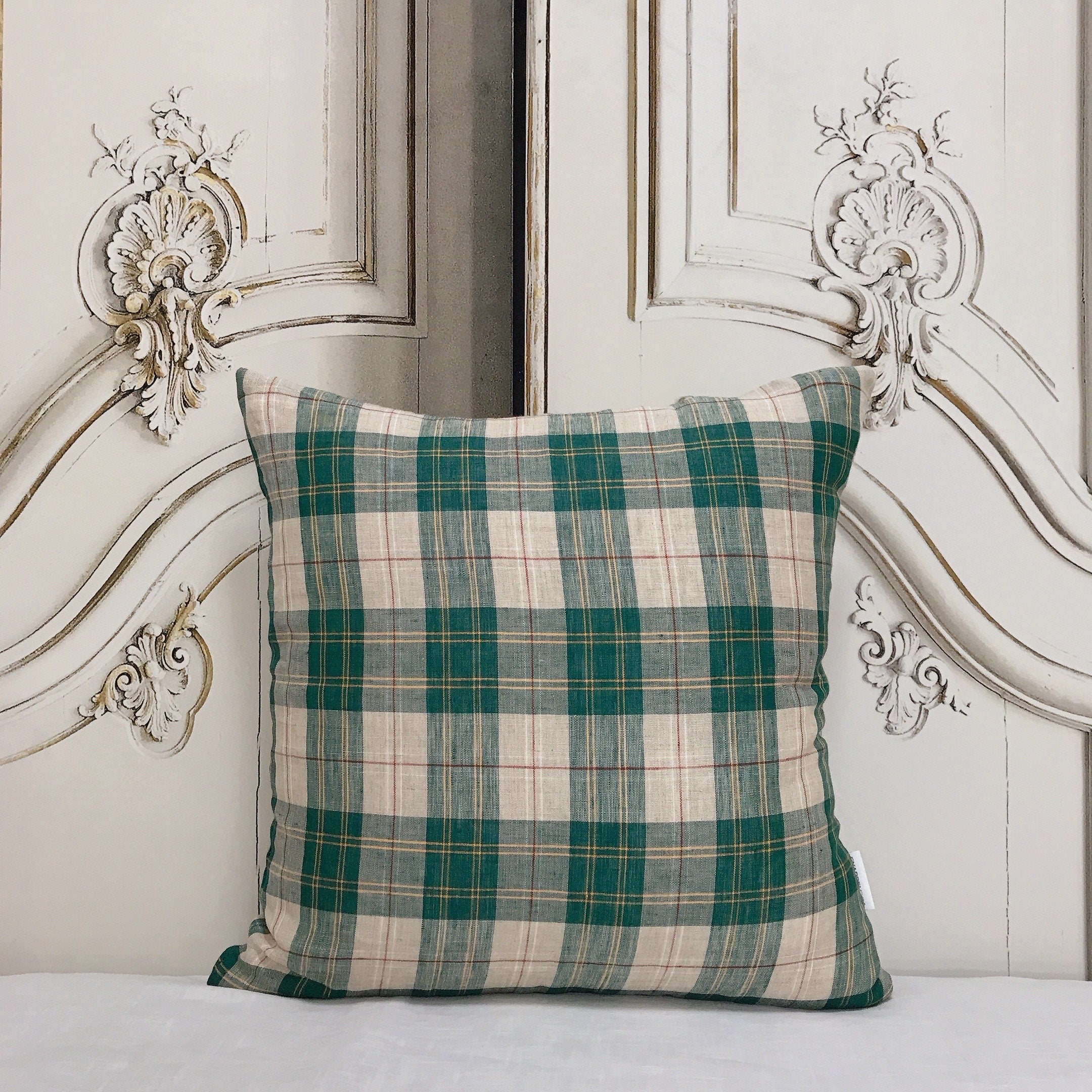 Teal Green Red Plaid Cushion Cover on Natural Beige
