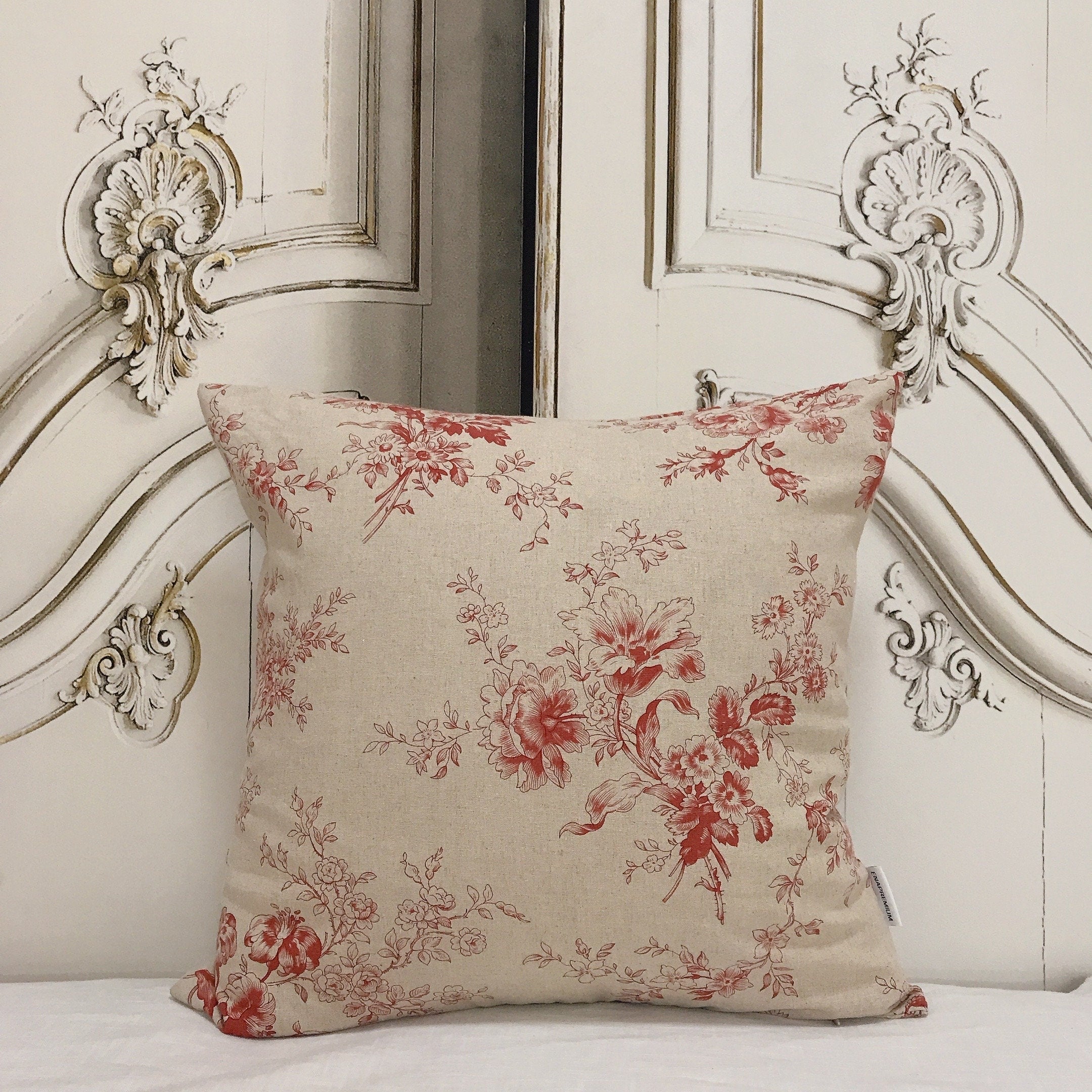 Red Floral Cushion Cover on Natural Beige