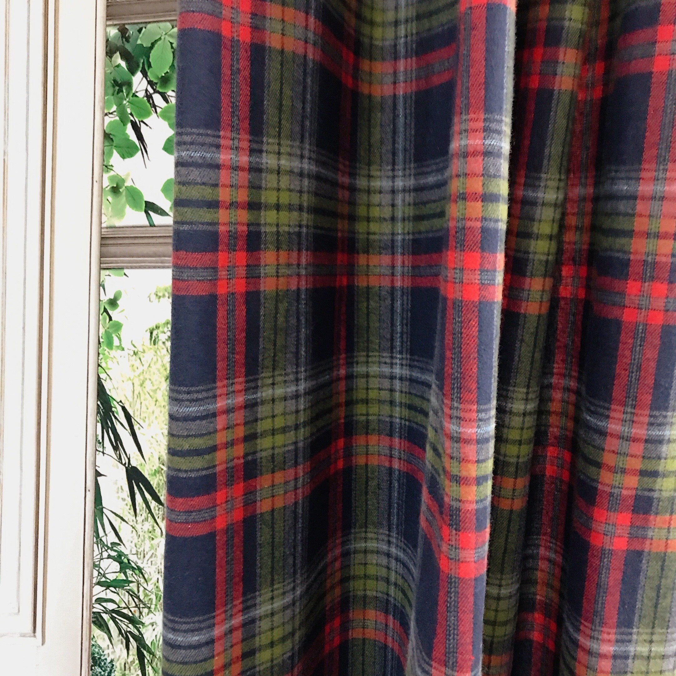 Navy Tartan Plaid Wool Blend Curtain with Red and Olive