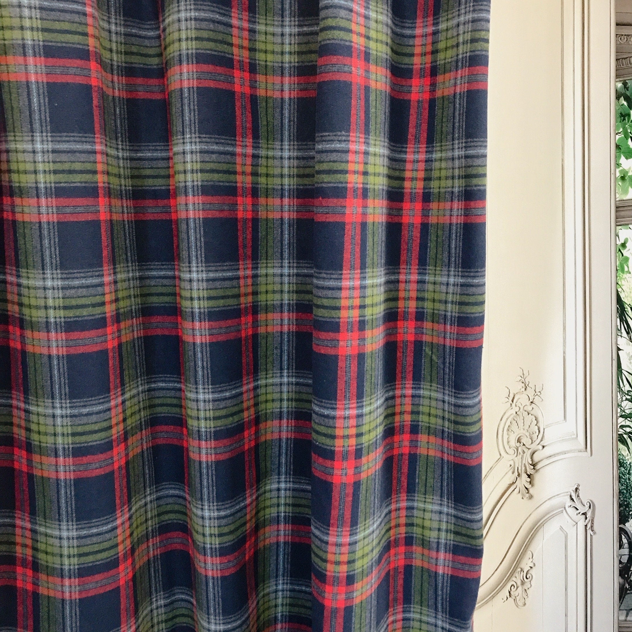 Navy Tartan Plaid Wool Blend Curtain with Red and Olive