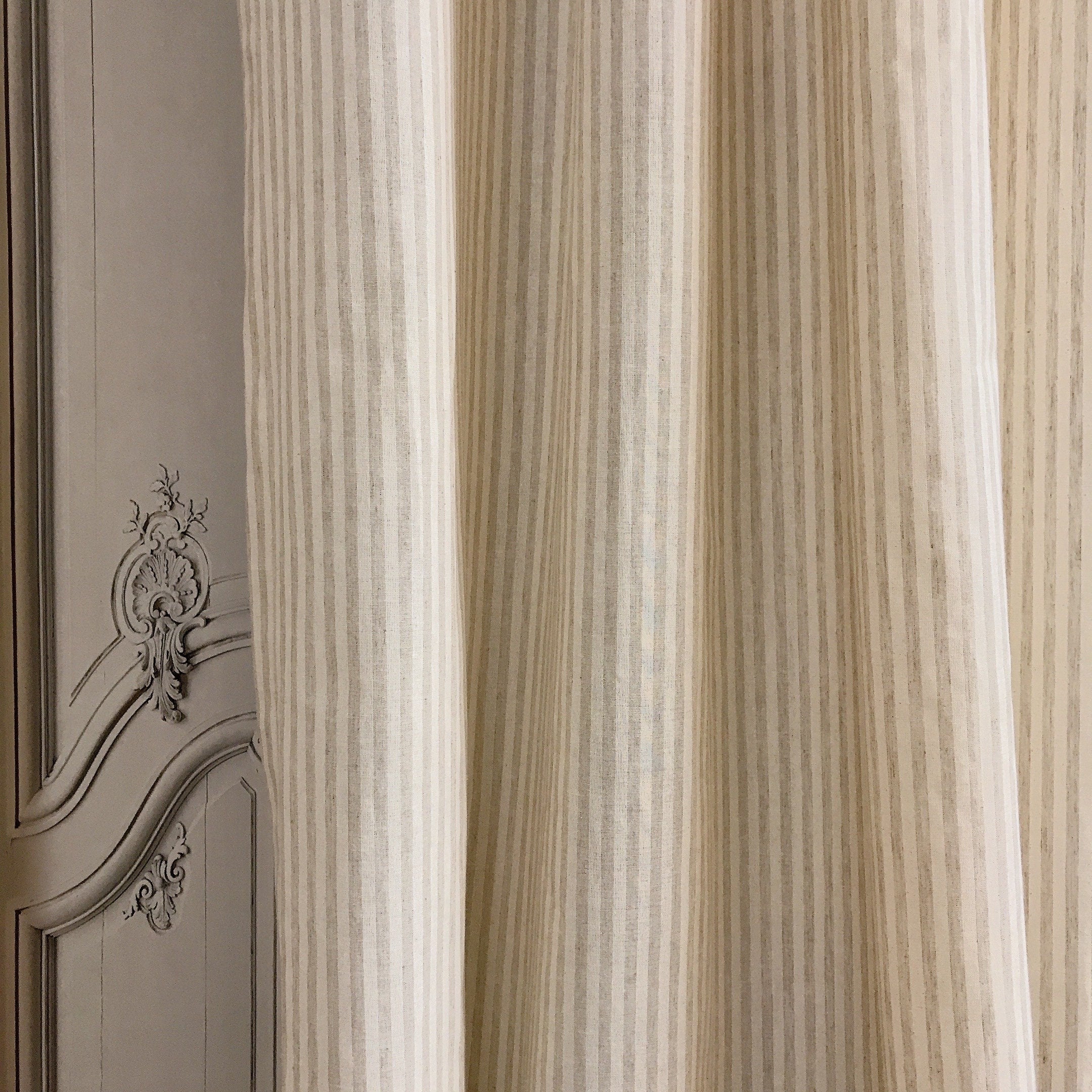 Oatmeal Vertical Stripe Linen Curtain on Natural Beige