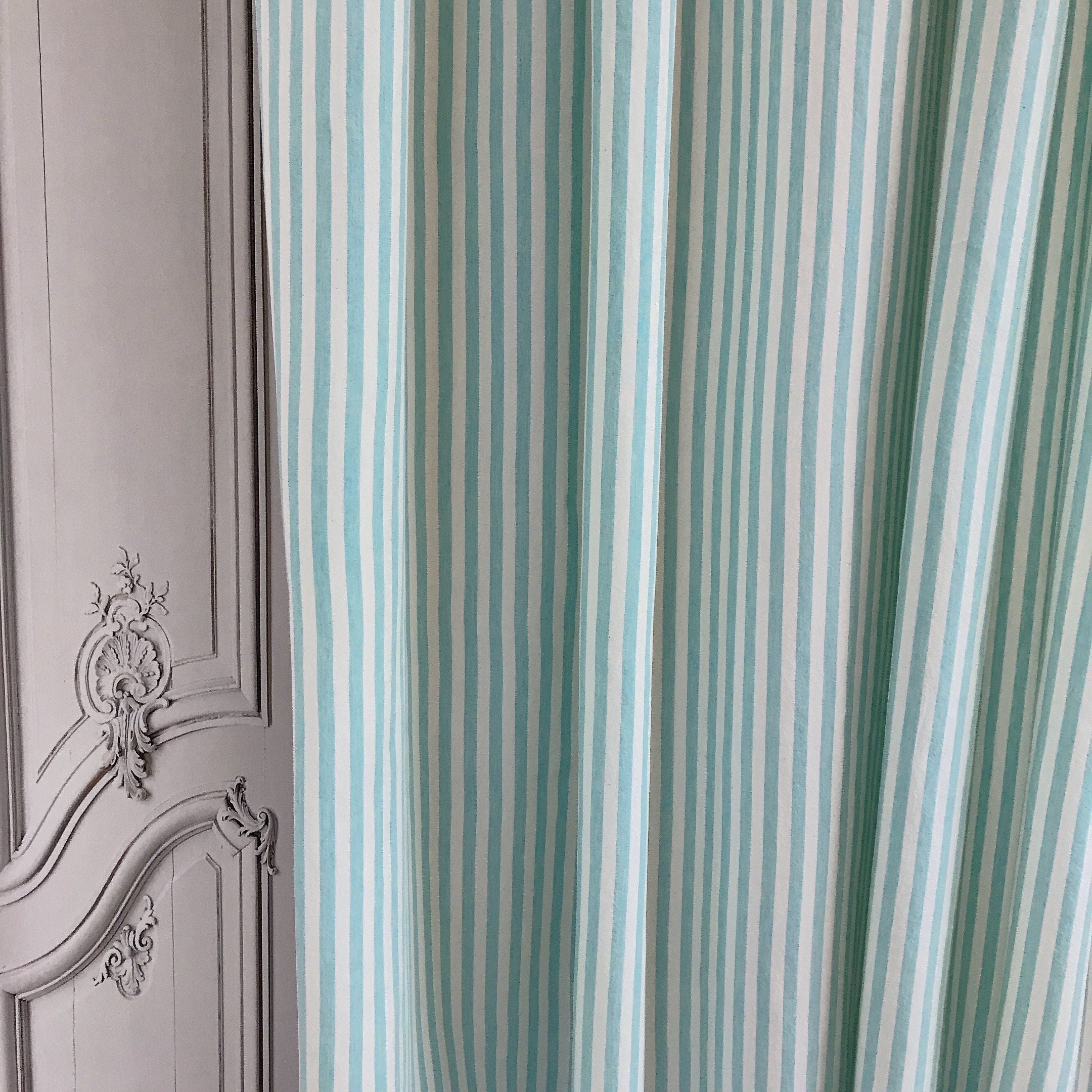 Faded Light Turquoise Stripe Curtain on Ivory