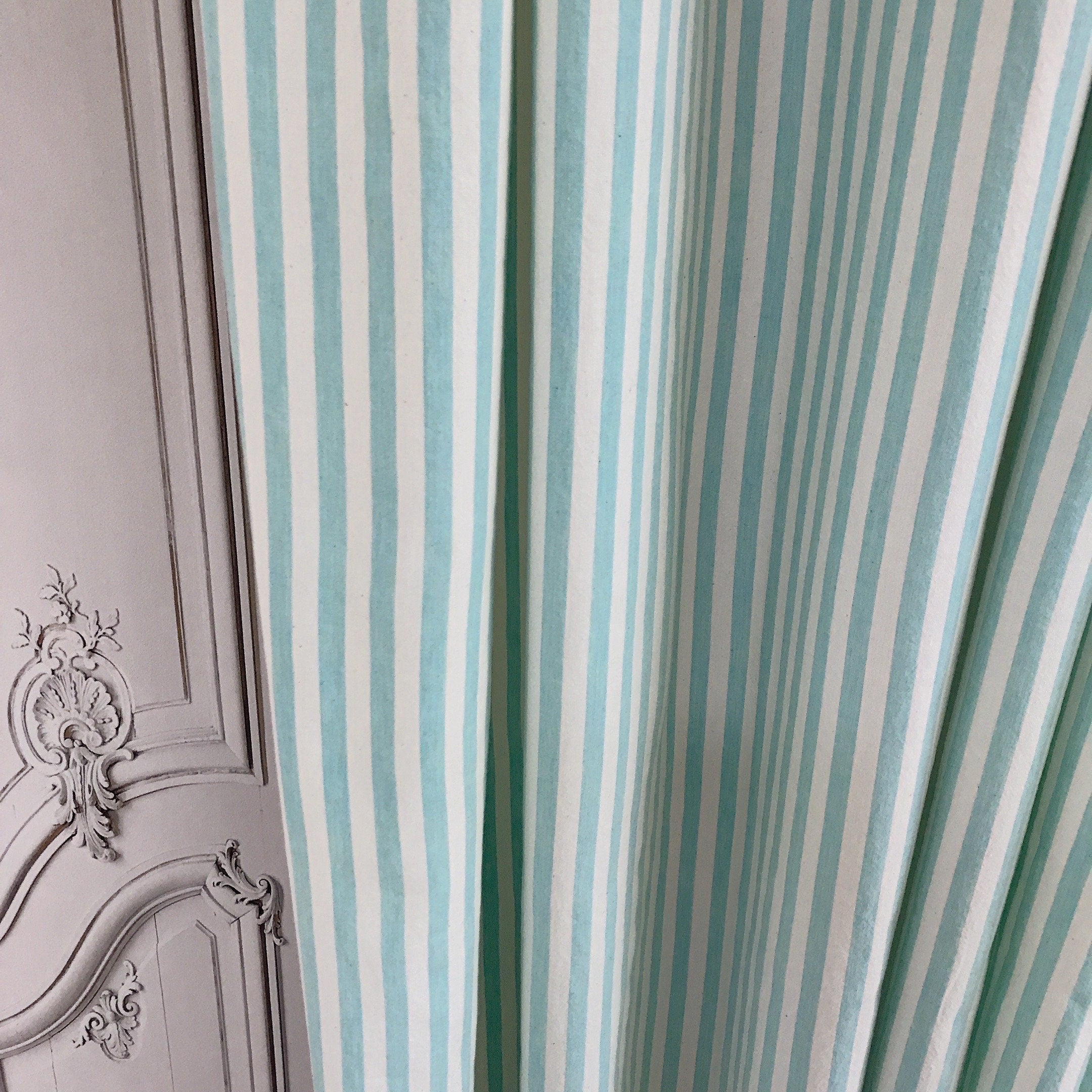 Faded Light Turquoise Stripe Curtain on Ivory