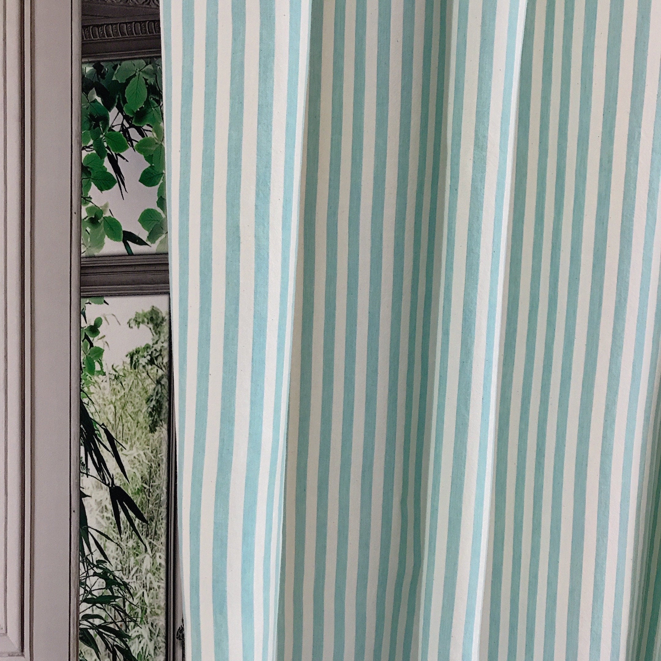 Faded Light Turquoise Stripe Curtain on Ivory