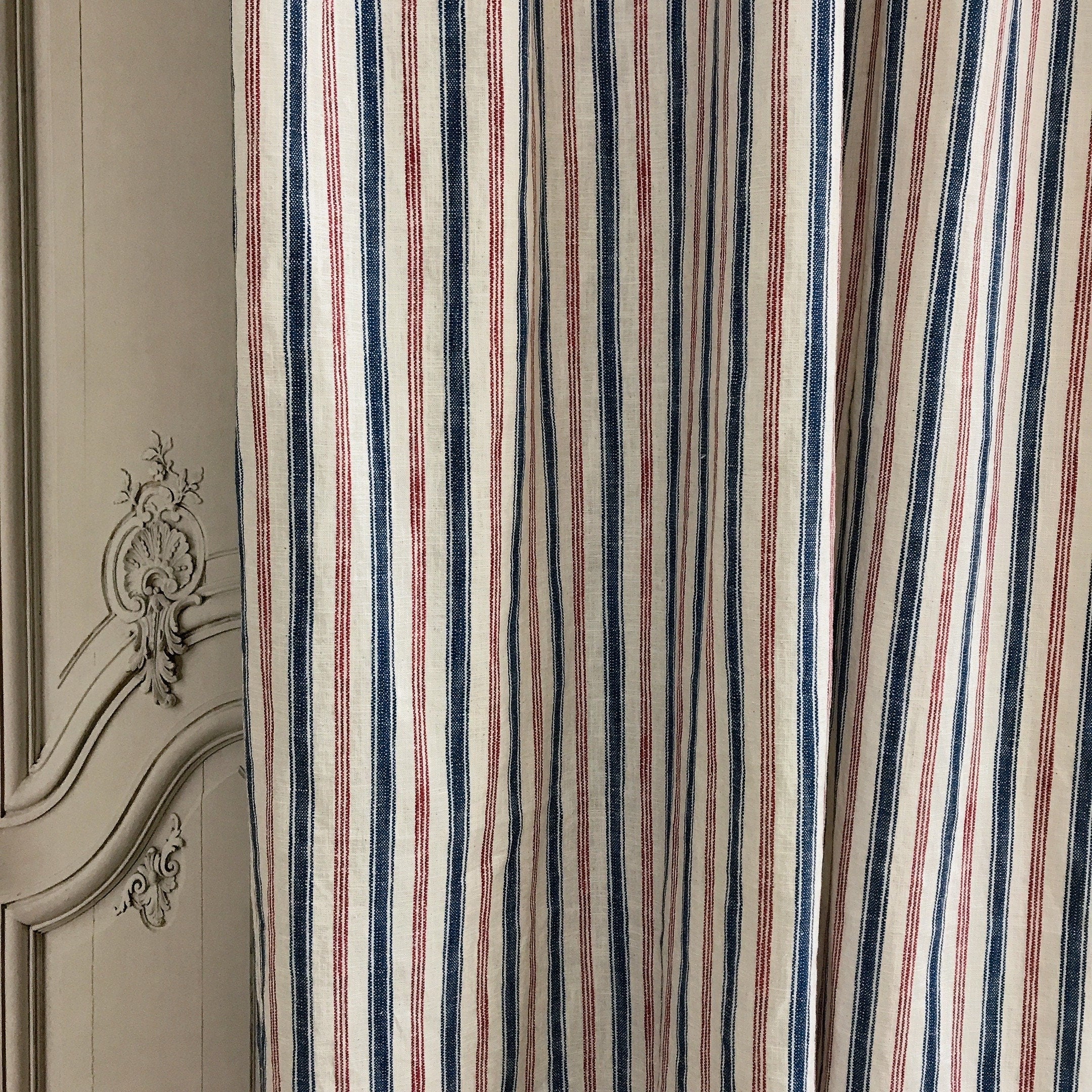 Red Blue Stripe Curtain on Natural White