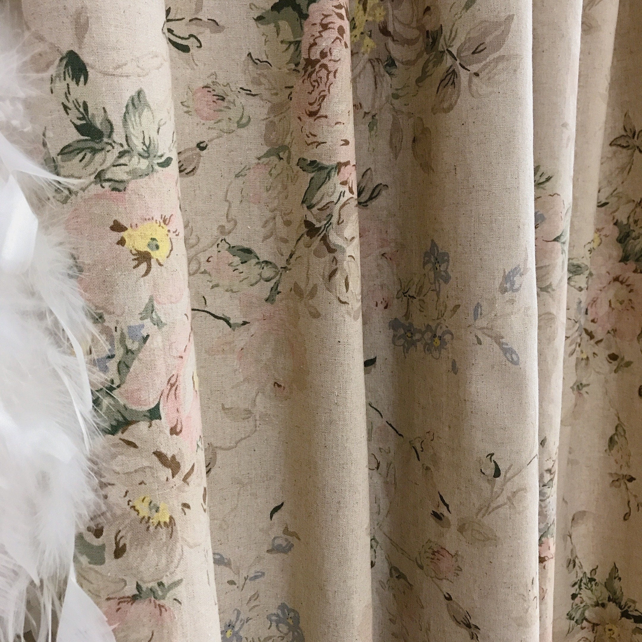 Muted Pink and Brown Floral Curtain on Natural Beige