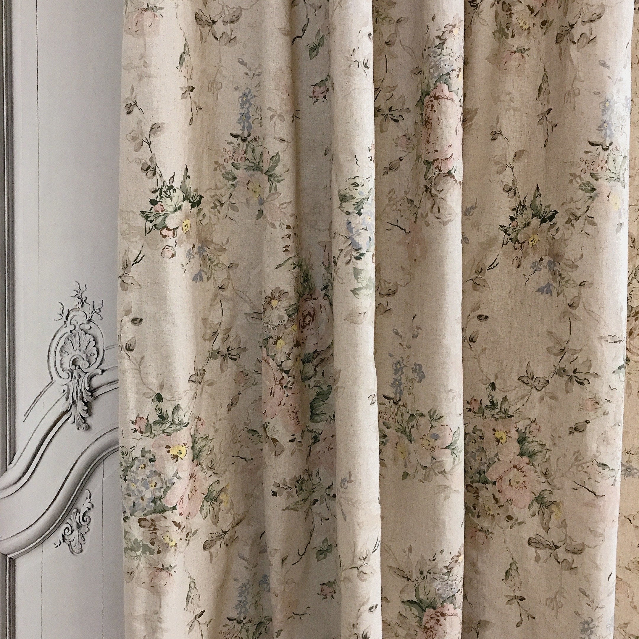 Muted Pink and Brown Floral Curtain on Natural Beige