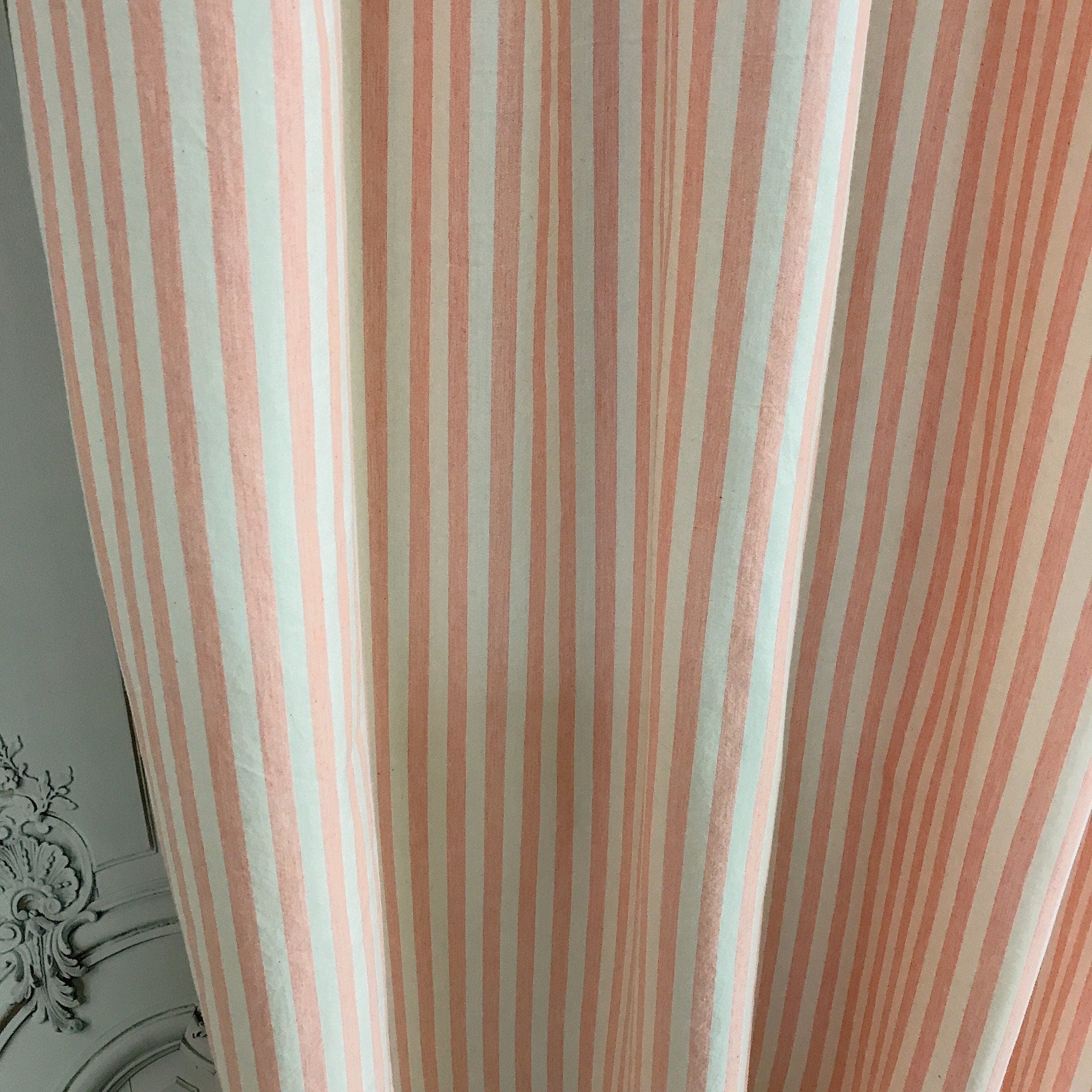 Faded Light Coral Pink Stripe Curtain on Ivory