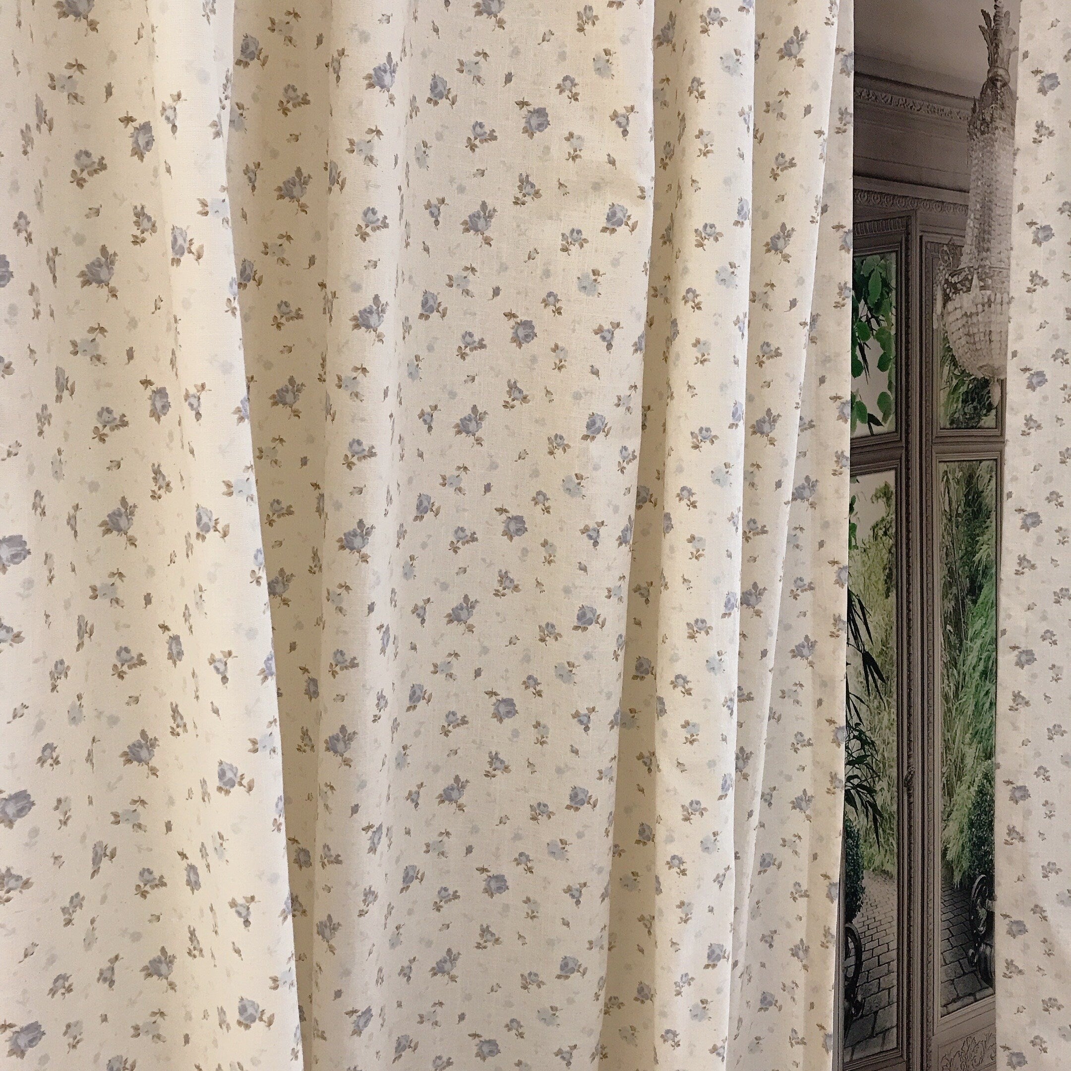 Blue and Purple Floral Curtain on Natural Beige