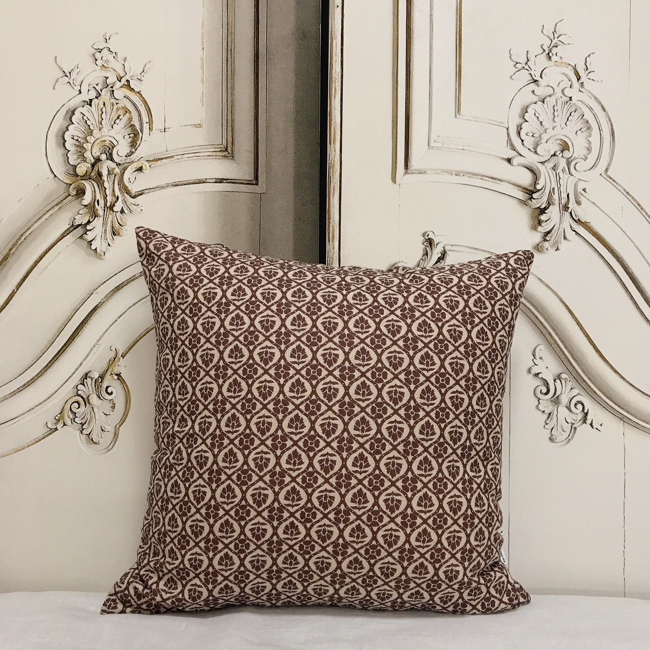 Dark Brown Floral Cushion Cover on Natural Beige