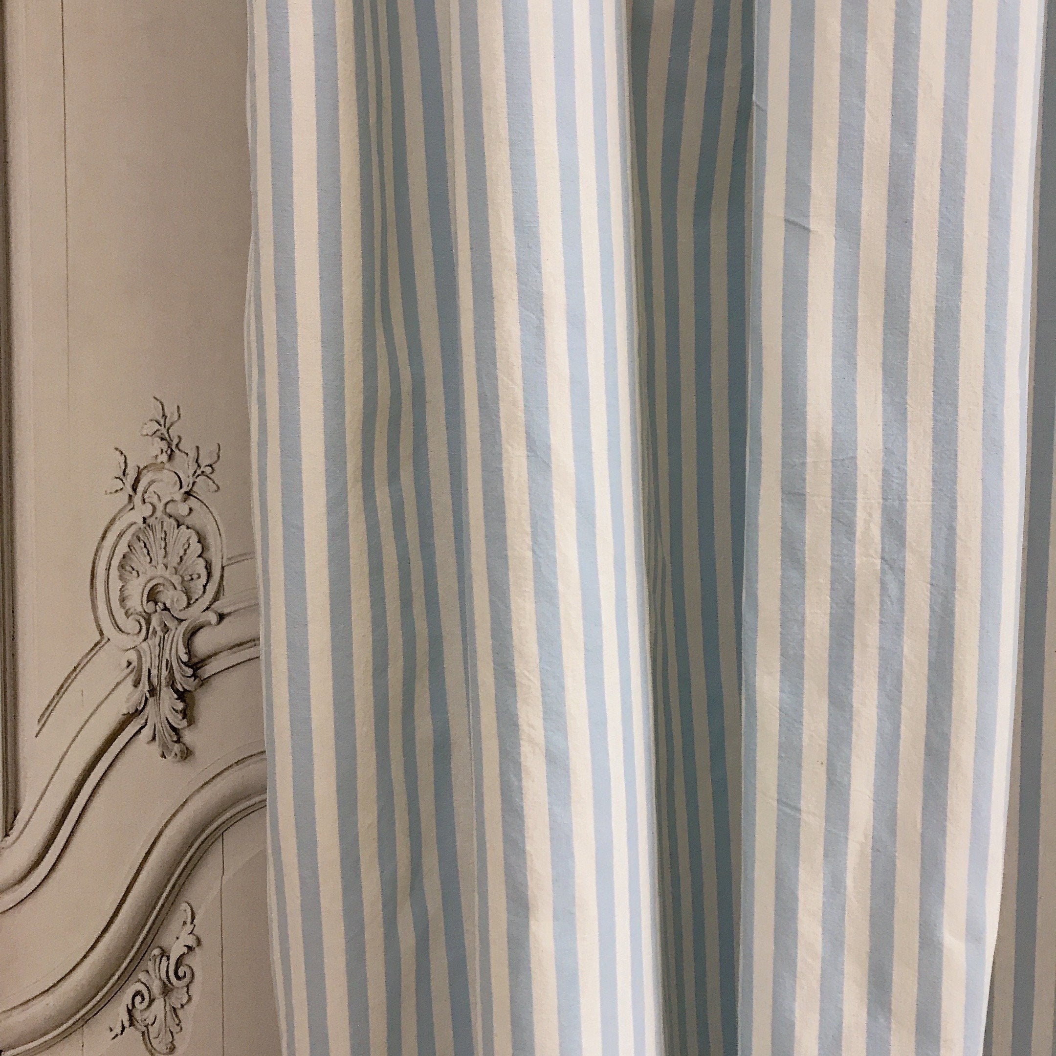 Faded Light Blue Striped Curtain on Ivory