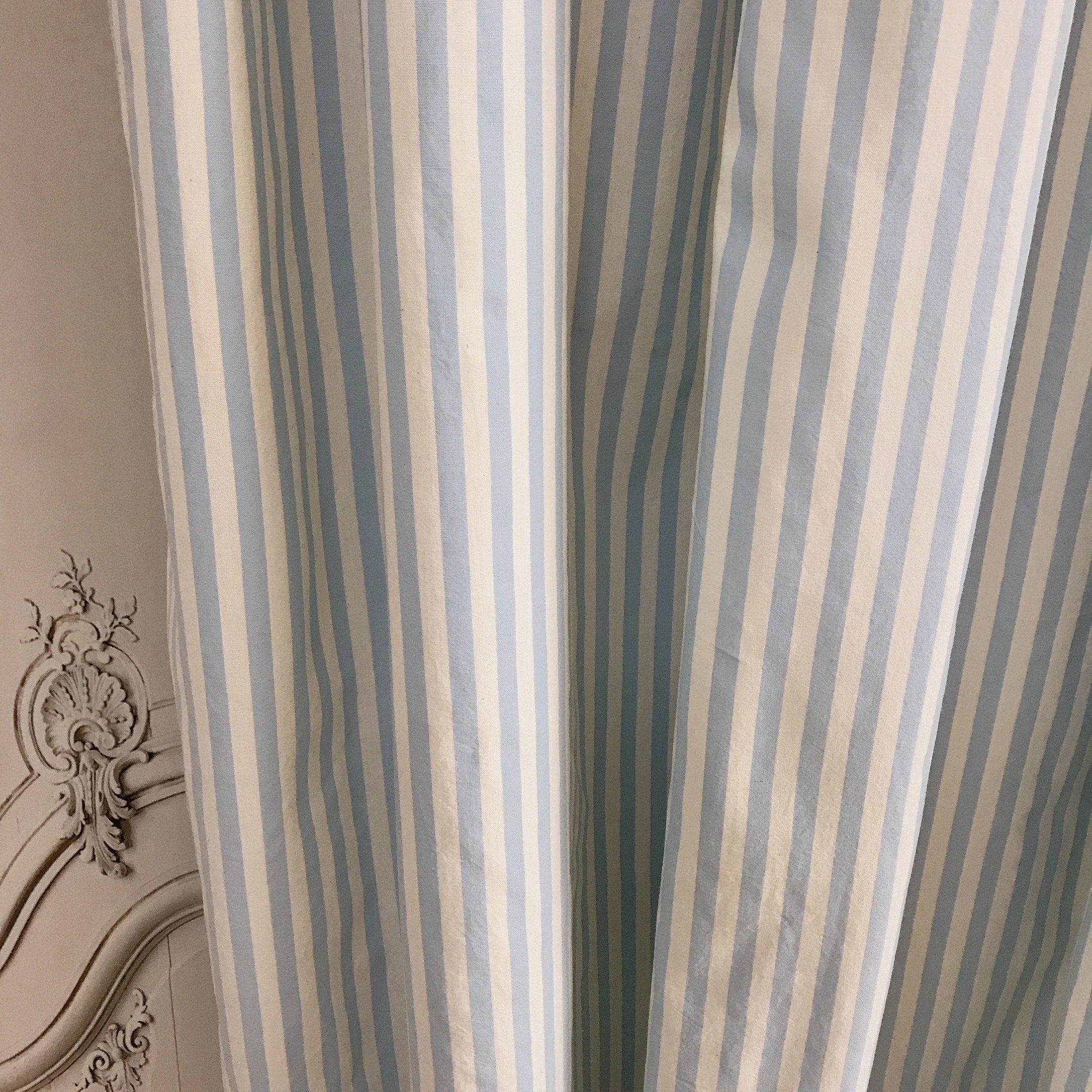 Faded Light Blue Striped Curtain on Ivory