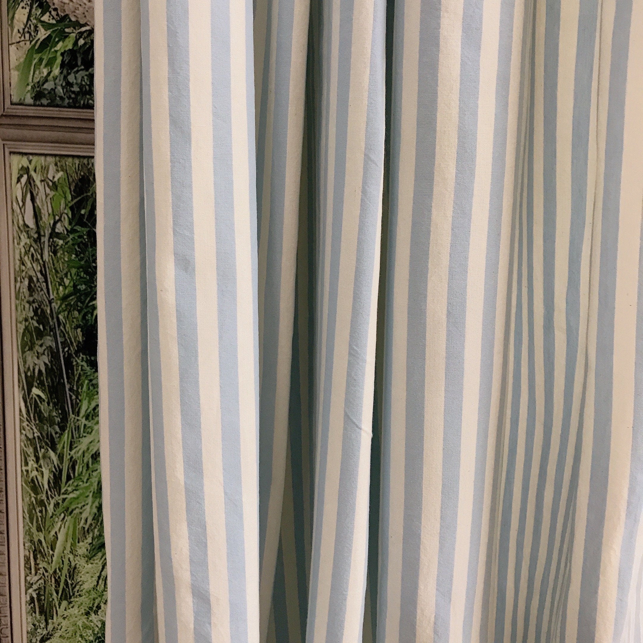 Faded Light Blue Striped Curtain on Ivory