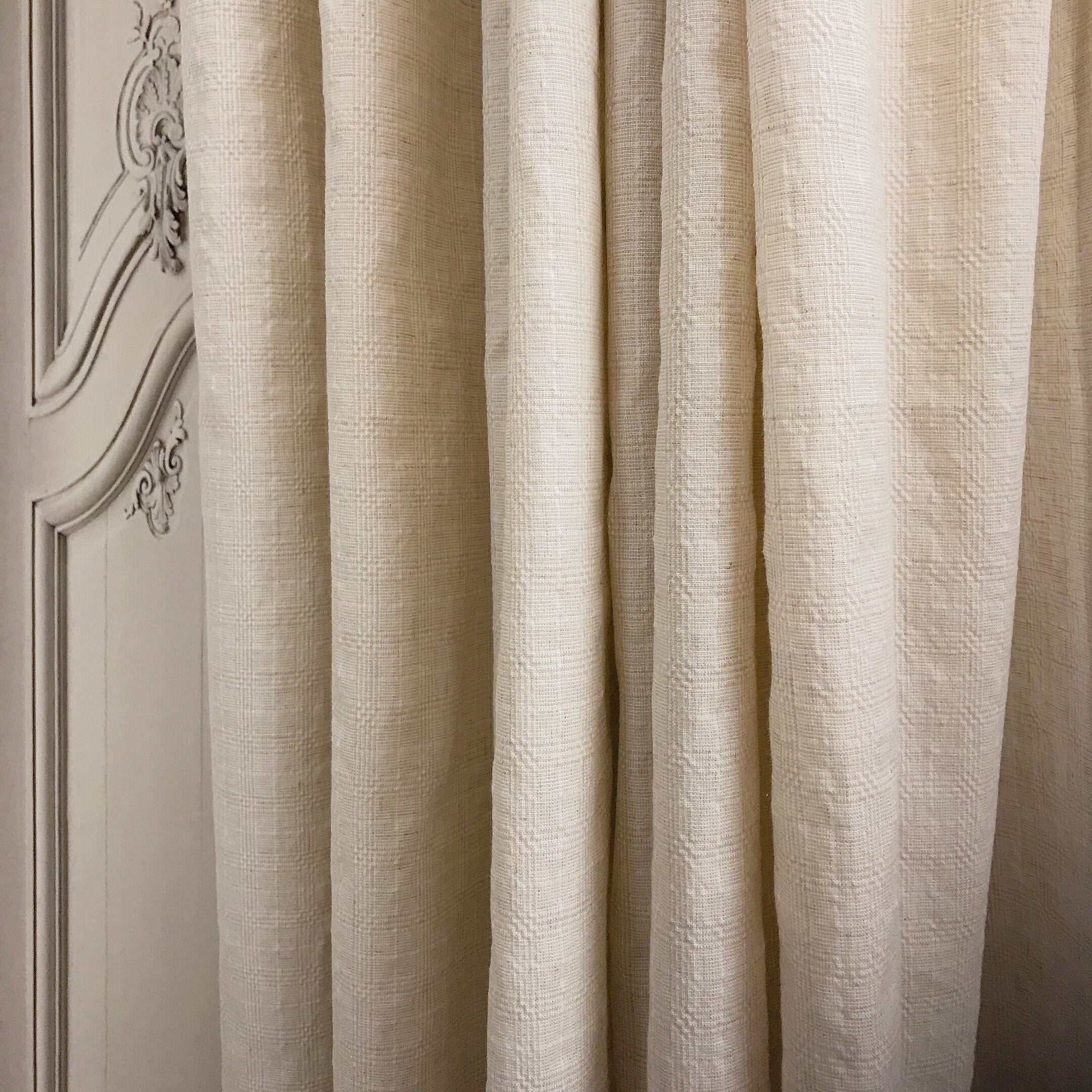 Natural Beige Subtle Grid Textured Linen Blend Curtains
