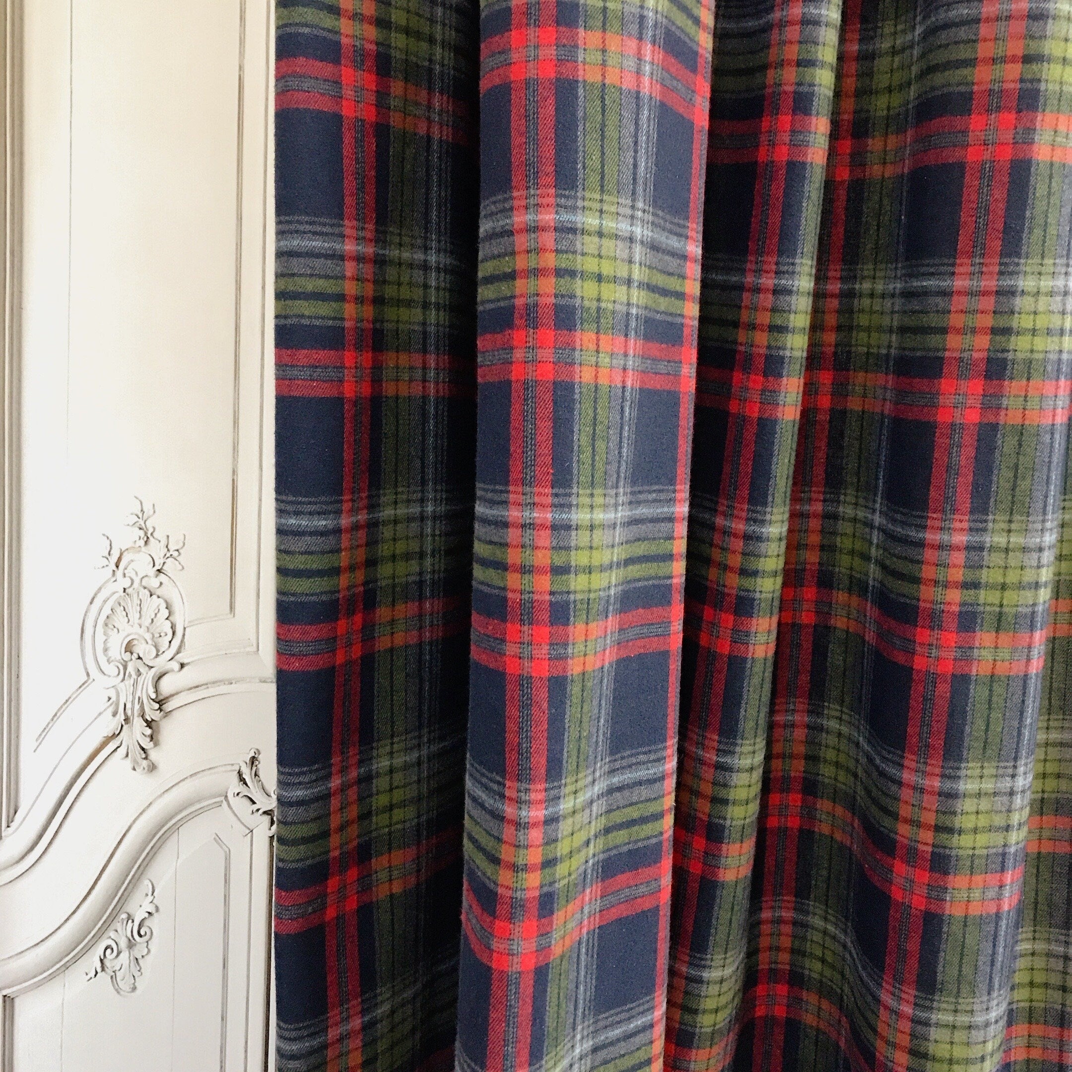 Navy Tartan Plaid Wool Blend Curtain with Red and Olive