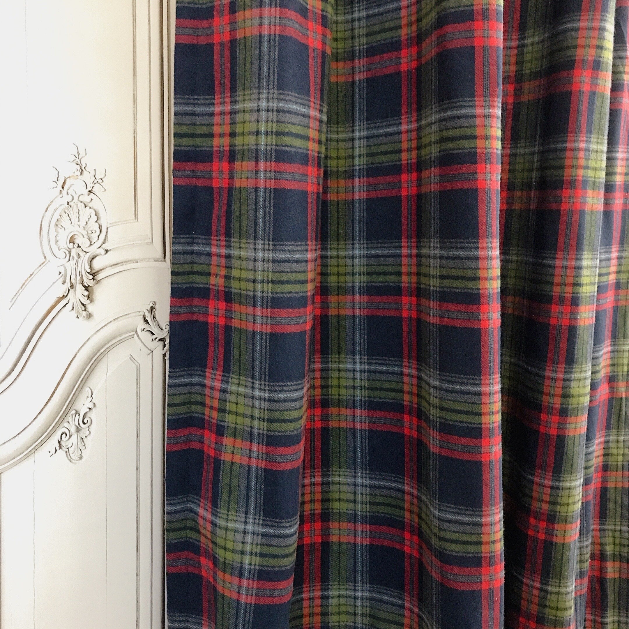 Navy Tartan Plaid Wool Blend Curtain with Red and Olive