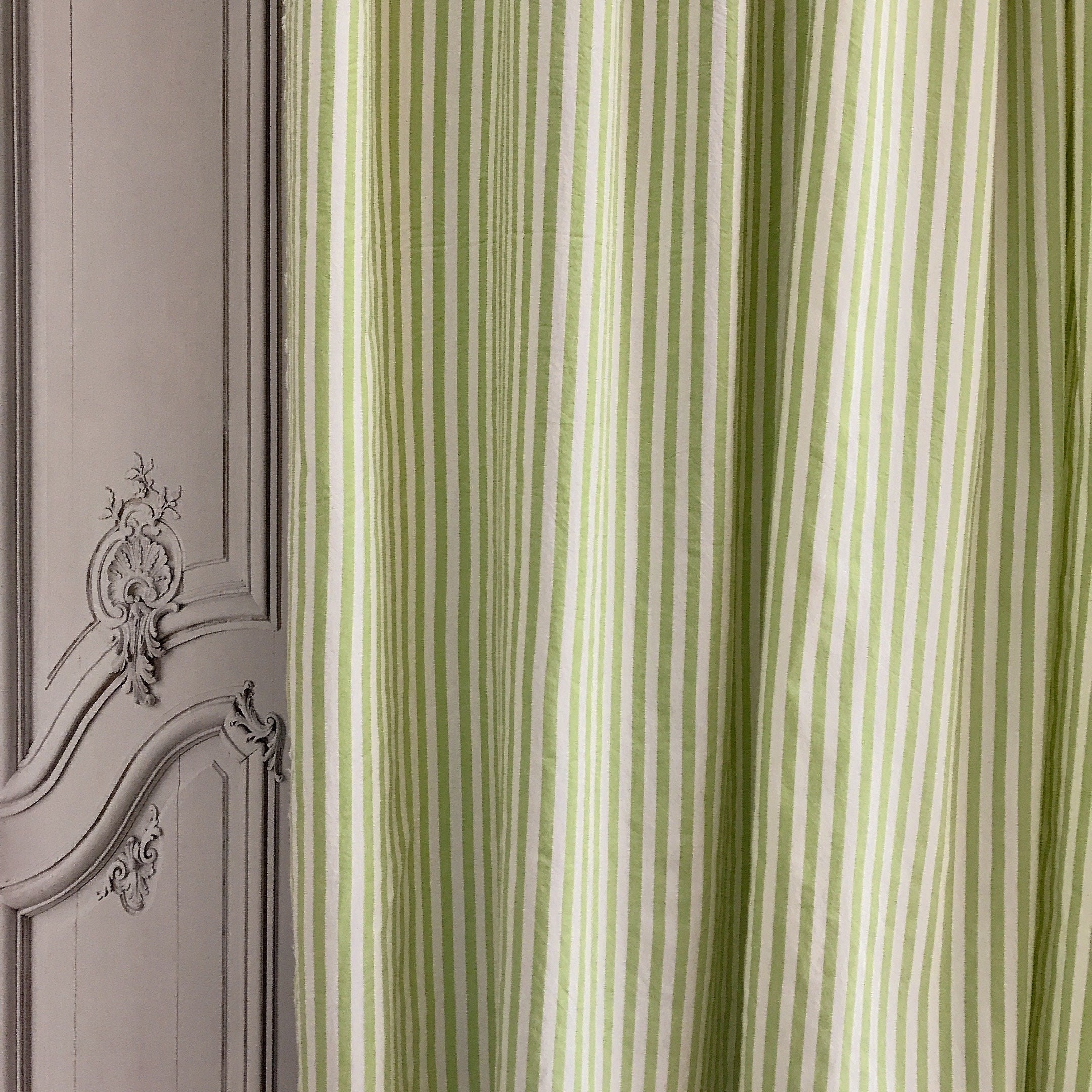 Faded Olive Green Stripe Curtain on Ivory