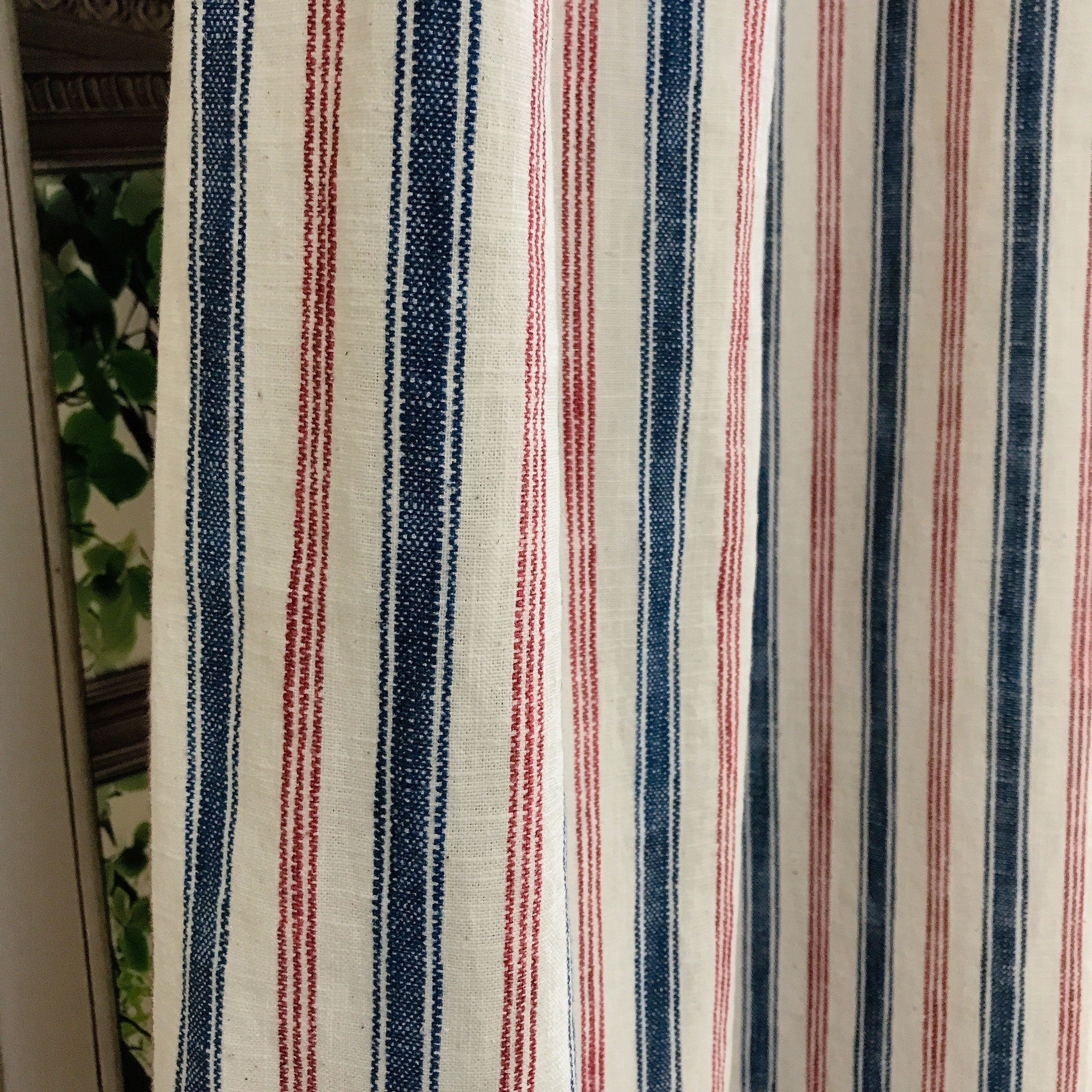 Red Blue Stripe Curtain on Natural White